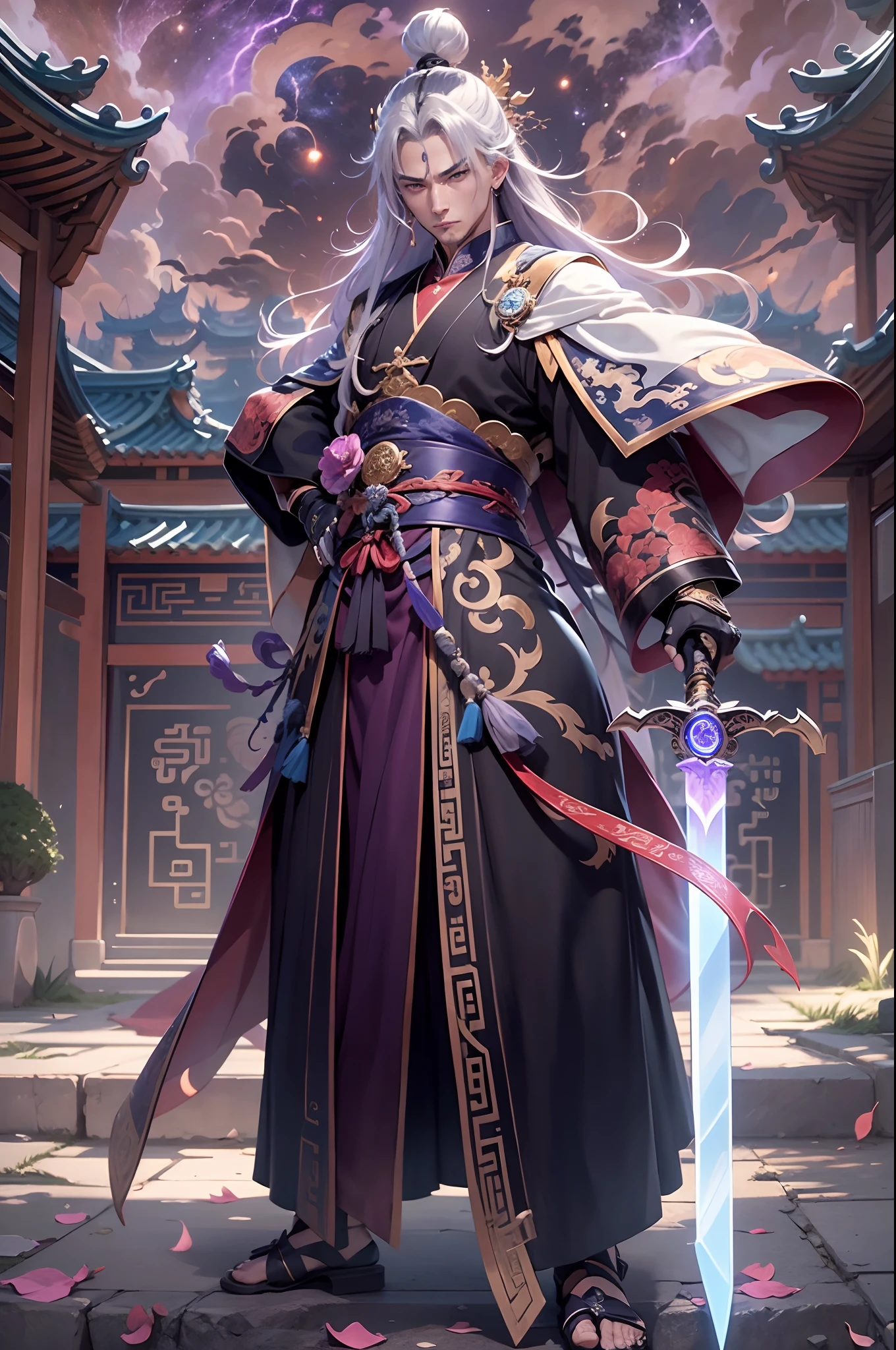 Handsome Taoist priest，（levitating），（the space），（He was surrounded by twenty swords：1.4），purpleish color，The background is the sky of an ancient Chinese city。
Infinite Sword System，Tyndall effect，Glow effects，Anime art style，Romantic graffiti，Meticulous，Realism is popular，
New Fauvist style，Knolling，8K，tmasterpiece，super-fine，best qualtiy，8K resolution，tmasterpiece，Works of masters，Detailed pubic hair，Accurate，Epic shooting