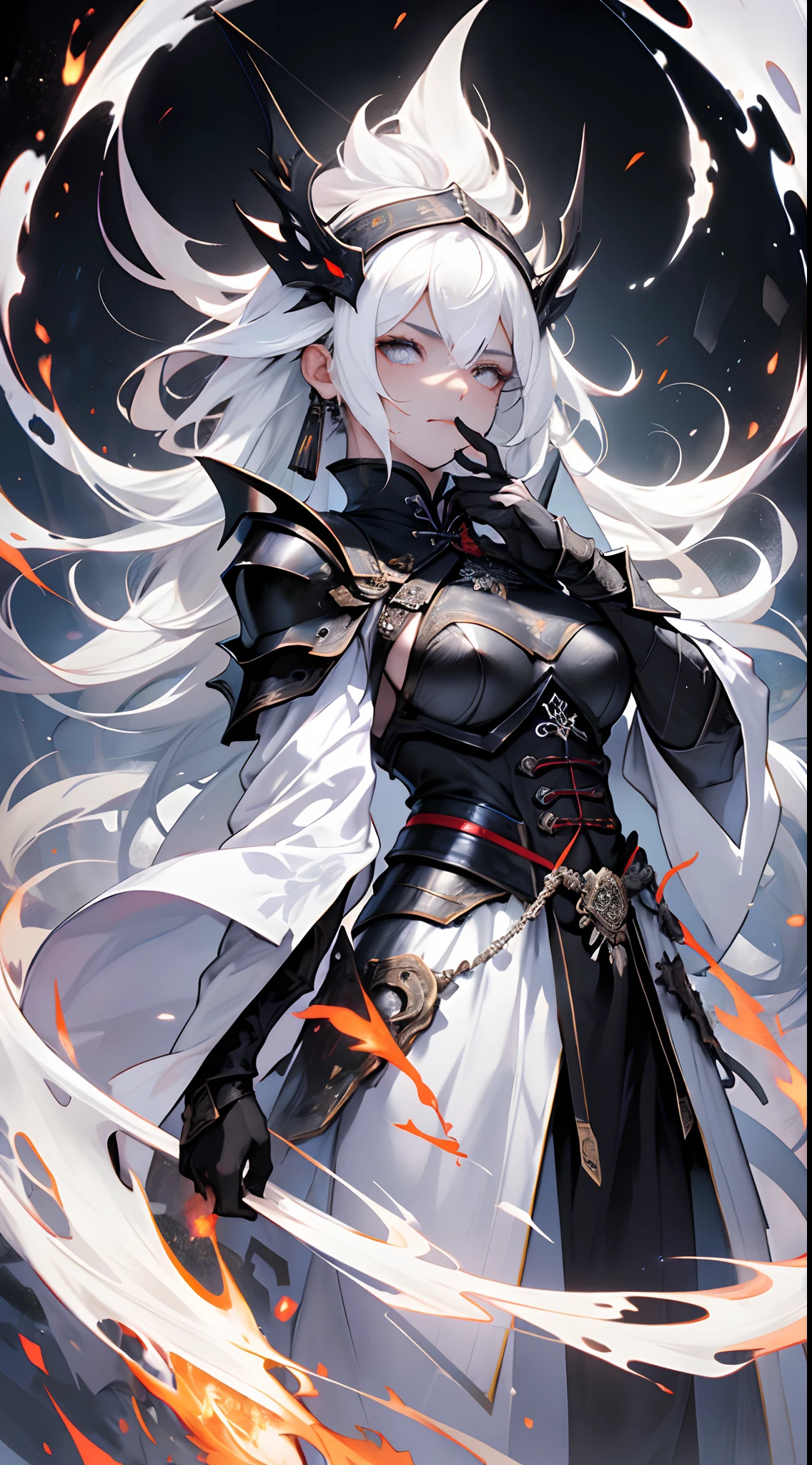 magical background，mystical，Chinese Taoism，1 person，long  white hair，Black magic surrounds，，breathing_fire，armour，White hair，from below，Look up