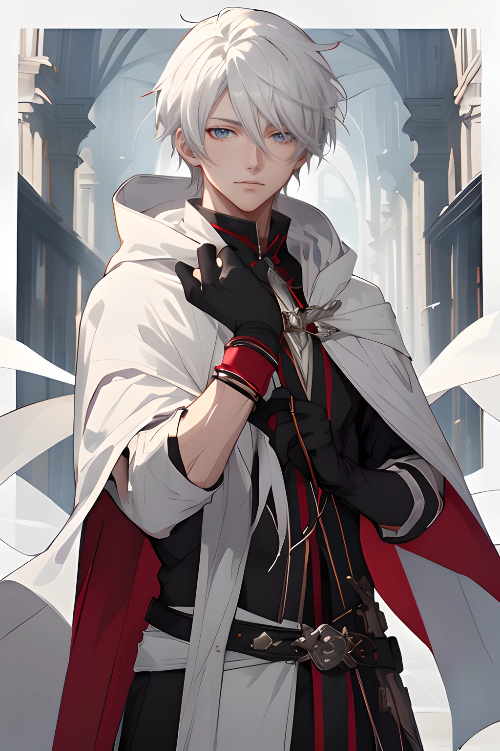 Personaje de anime con cabello blanco y ojos rojos en una capa blanca, Arte clave del anime, Keqing de Genshin Impact, Genshin, de Arknights, Personaje masculino de anime, Arte Zerochan, Tendencias en ArtStation Pixiv, Retrato de Thancred, Joven hombre de anime, Arte de anime clave detallado, shigenori soejima illustration, Clave visual