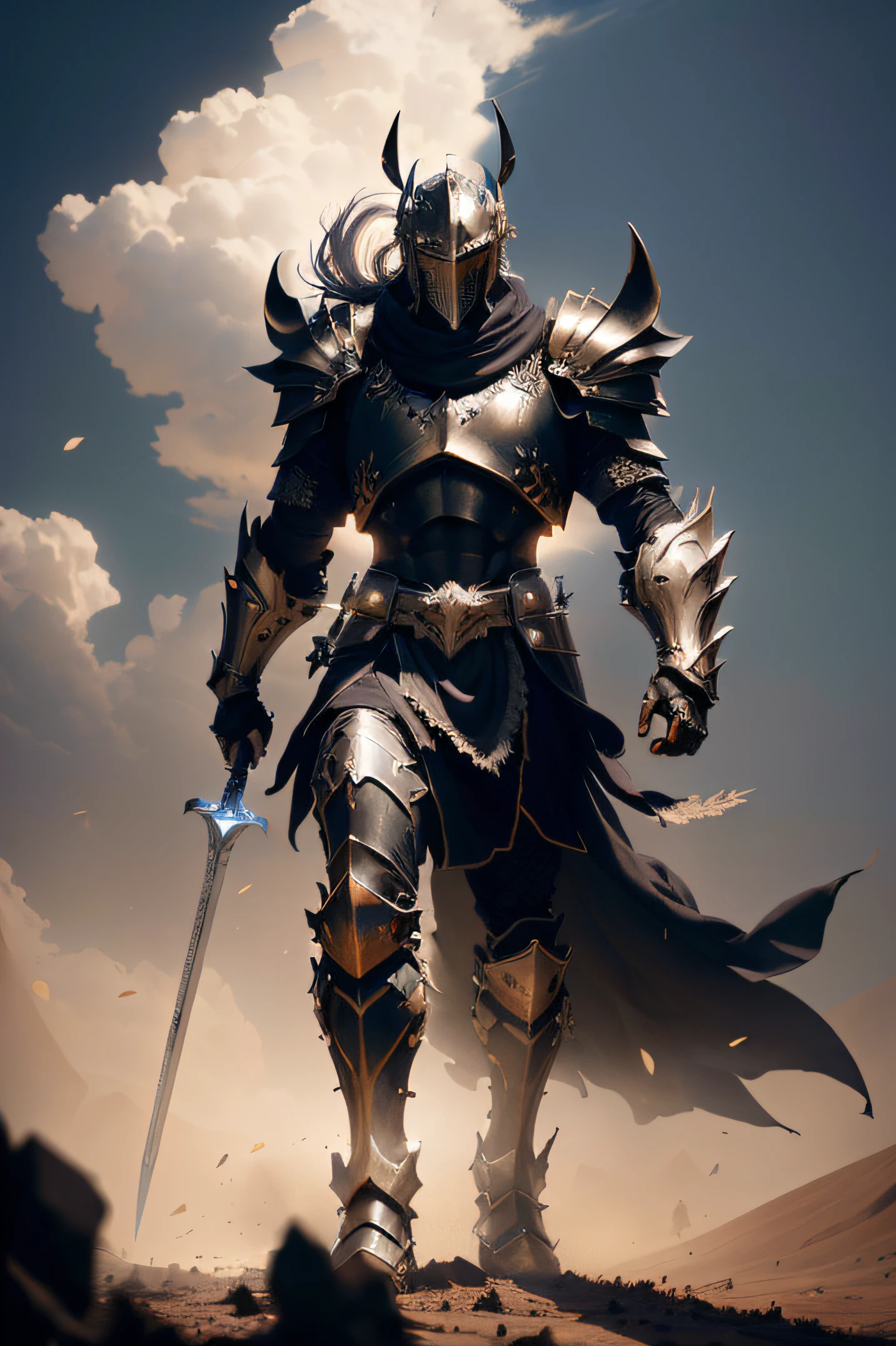Arafed knight with sword and armor, Standing in the Desert, ares with heavy armor and sword, epic fantasy digital art style, Fantasy warrior in full armor, strong fantasy knight, Fantasy Warrior, epic fantasy art style, 8k fantasy art, badass anime 8 k, fantasy knight, fantasy paladin, Amazing 8K character concept art, picture of an adult male warrior