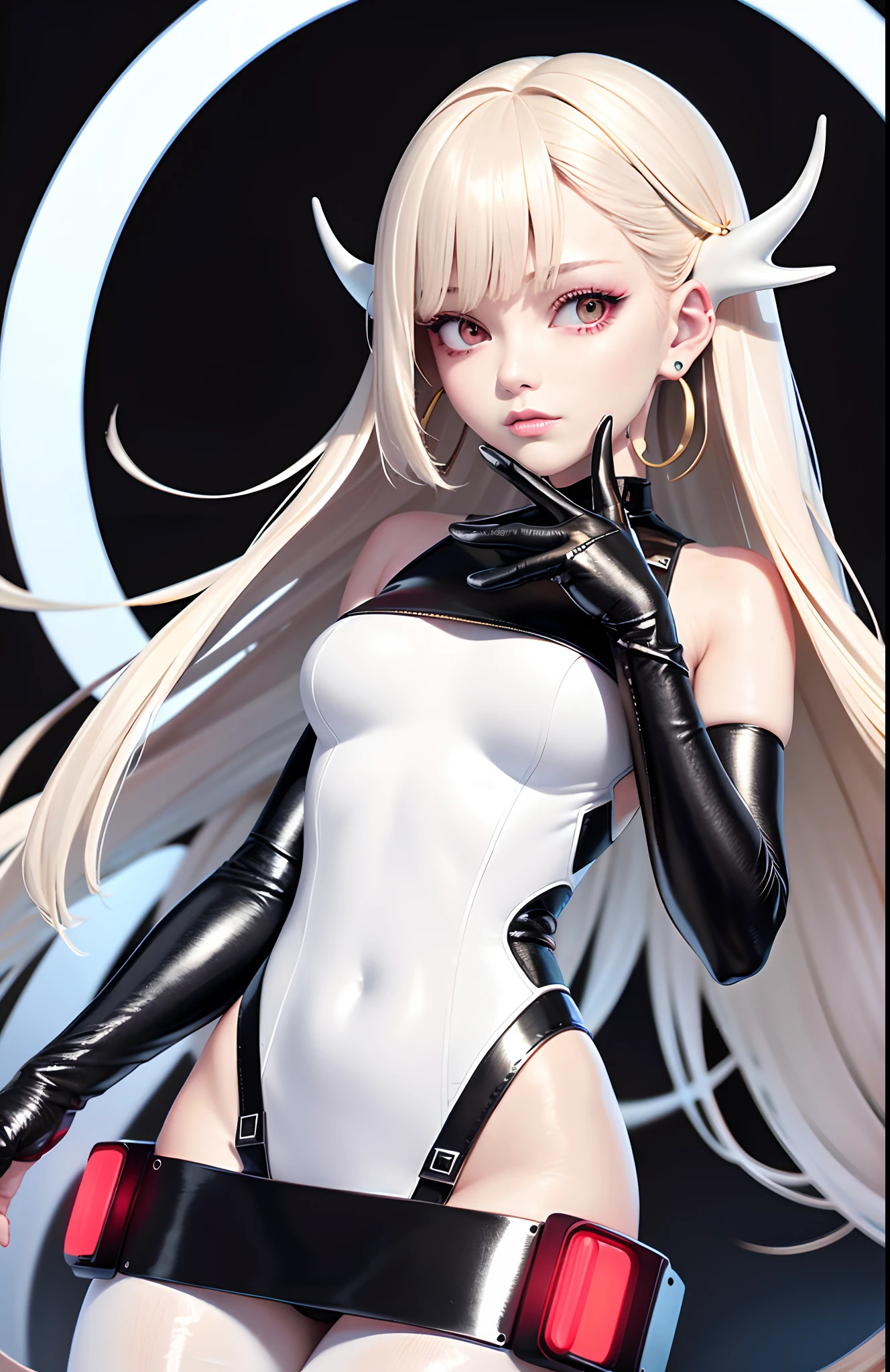 optimum,tmasterpiece,A high resolution,best qualtiy,hyper HD,super detailing,Award-Awarded,16k,独奏,(The upper part of the body),anatomy correct,Beautiful cyberpunk girl,Ex Machina,cute face,high light,Gradient Beige Hair,Hairline,((Scarlet eyes)),long eyelasher,Hanging eye corners,White skin of the,(small boobs),(Slim body),((jaqueta de couro)),((latex_dress)),ear studs,(neck rings), very short gloves,(Laser material clothing:1.2)