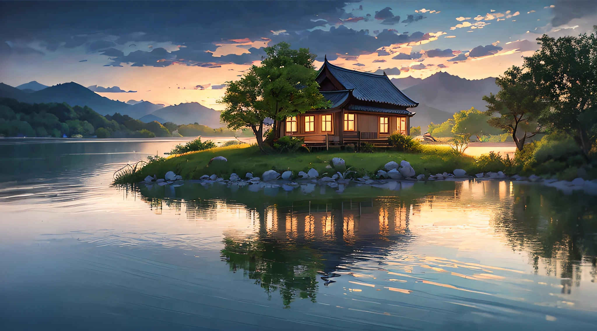 there is a small house on a small island in the middle of a lake, beautifully lit landscape, peaceful landscape, serene landscape, beautiful serene landscape, amazing landscape, in a serene landscape, an amazing landscape image, dreamy landscape, beautiful lake, beautiful landscape, stunning landscape, setting in nature, beautiful lake background, perfect landscape, stunning light reflections, beautiful dreamy landscape