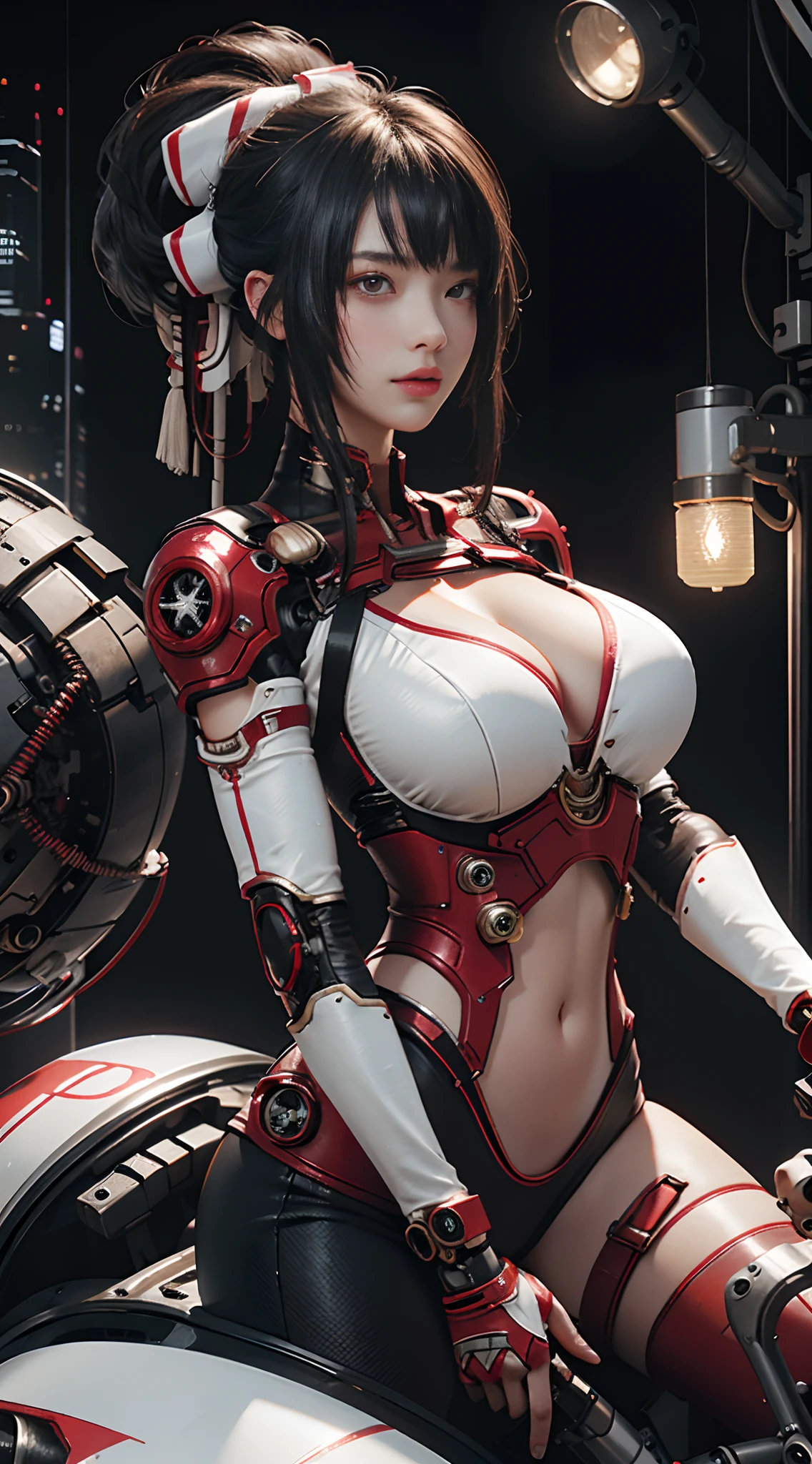 Highest quality, outstanding detail, super high resolution, (fidelity: 1.4), best illustration, favor details, close-up, a mecha girl with a delicate and beautiful face, ((red and white semi-mechanical body: 1.8)), (big breast: 1.2), sexy, belly button, cleavage, riding on a motorcycle, cyberpunk, futuristic, mechanical aesthetics, complex machinery, background is a high-tech lighting scene of the futuristic city, virtual engine 5, perfect detail rendering, octane rendering, ultra HD