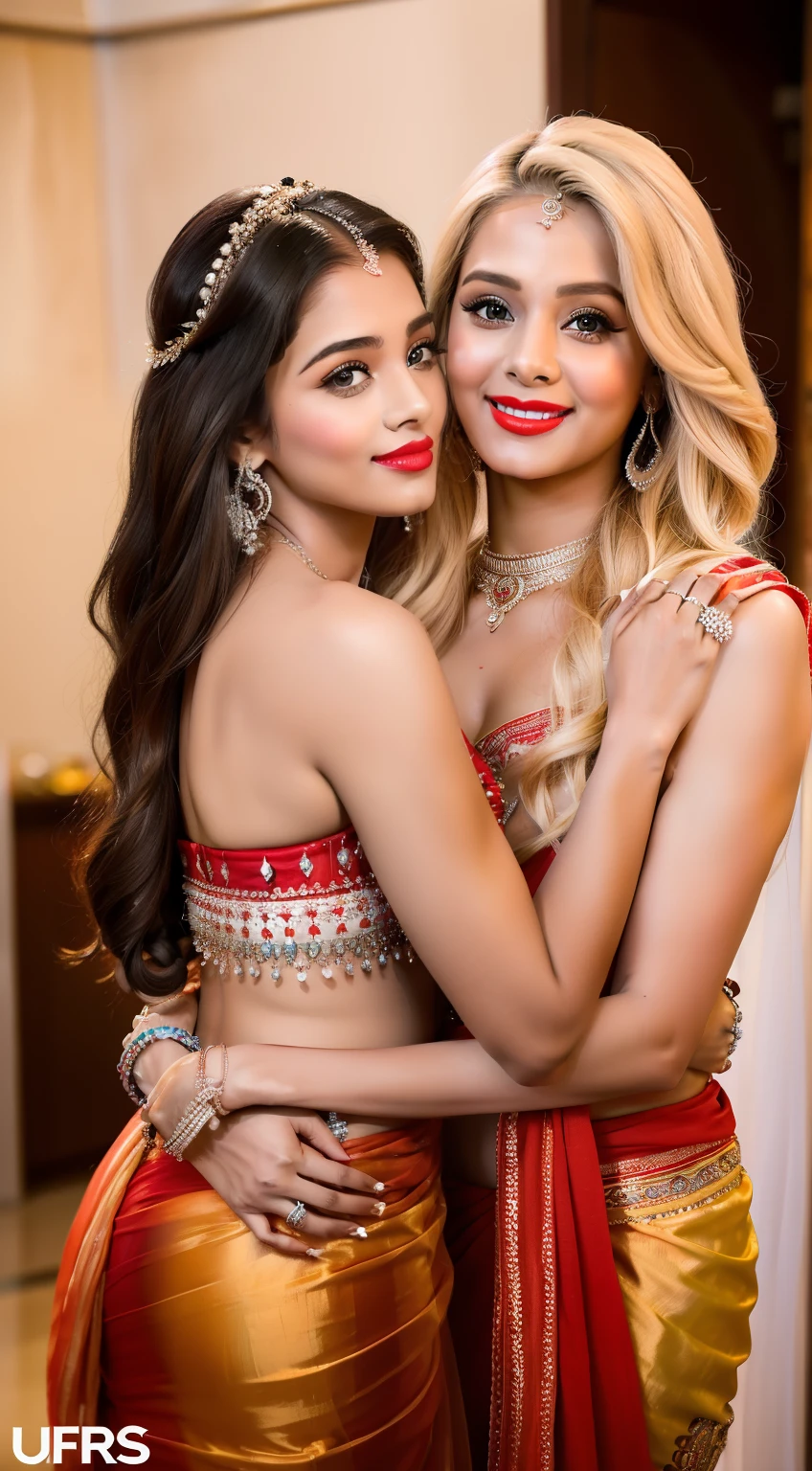 "Elsa Jean and Indian girl in a warm embrace, captured in a candid moment. Elsa Jean is adorned with exquisite jewelry, wearing a stunning Indian traditional saree, complemented perfectly by her striking red lipstick. Meanwhile, Indian girl looks dashing in a stylish punjabi suit. The scene unfolds at a grand wedding event." Full length photo showing full body in photo