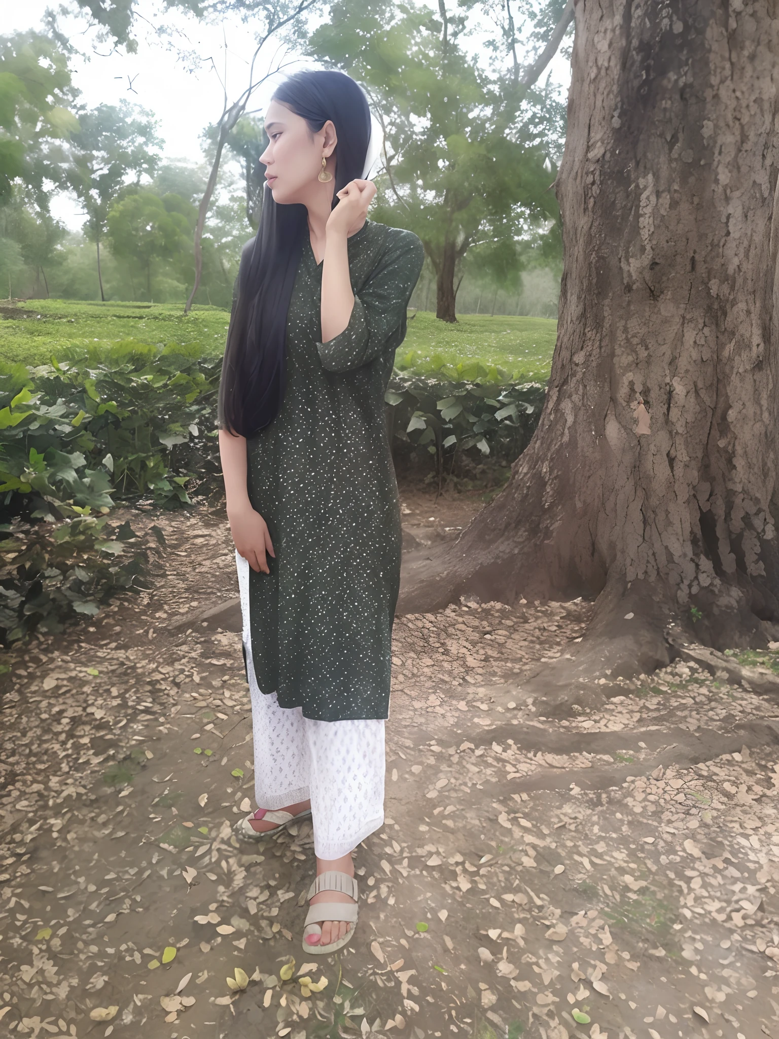 there is a woman standing in front of a tree talking on a cell phone, assamese aesthetic, wearing a kurta, wearing a silk kurta, wearing an elegant tribal outfit, green tunic, inspired by Puru, distant full body view, assamese, * colour splash *, desi, indian style, traditional beauty, standing gracefully upon a lotus