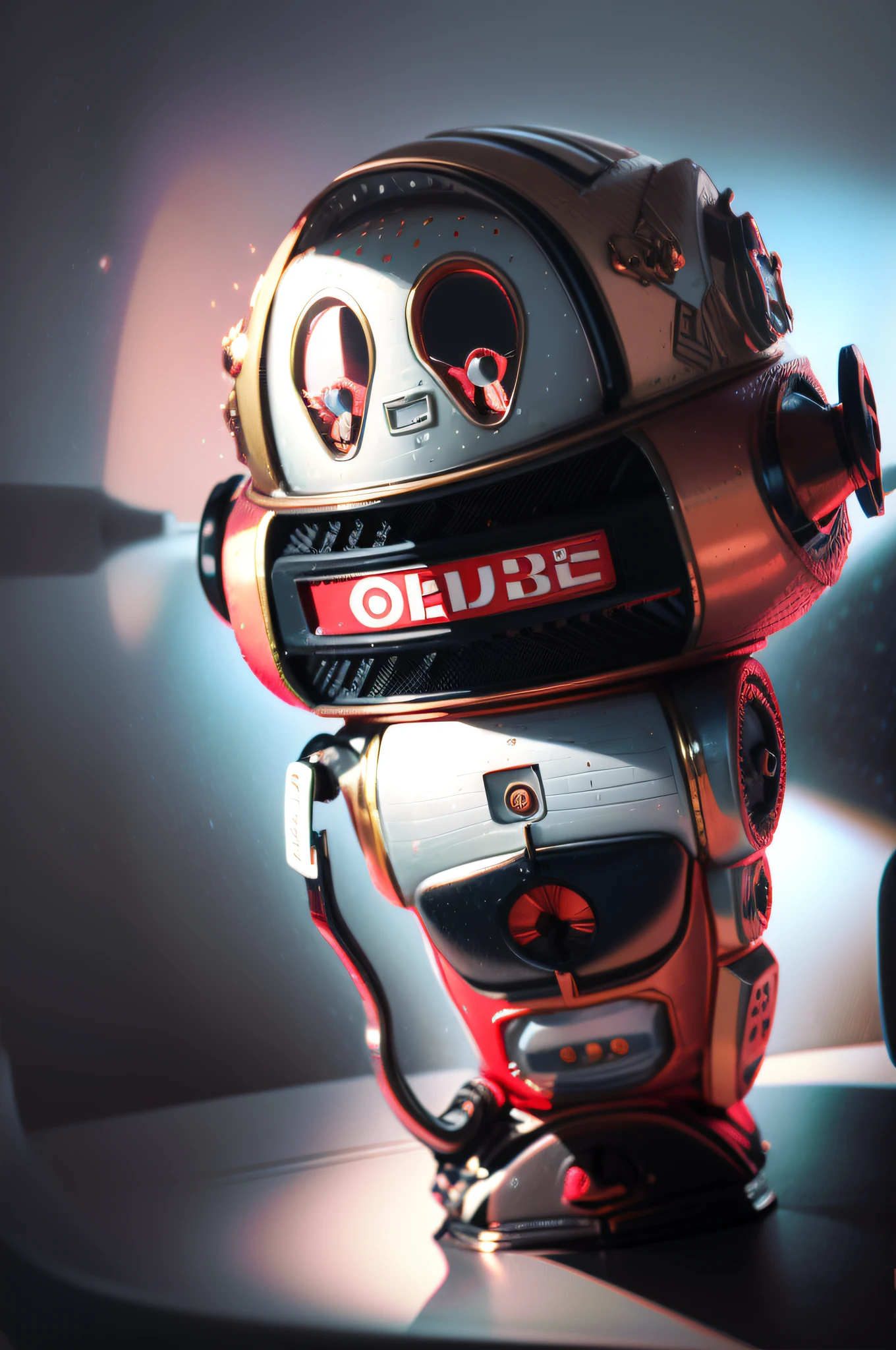 Criar um logotipo para um canal de youtube sobre curiosidades com personagem parecido a um robot vermelho de corpo completo anatomicamente correto, Lovely and friendly in space, qualidade 8k, cinematico, escenario e personagem completamente detalhado, perfect lighting