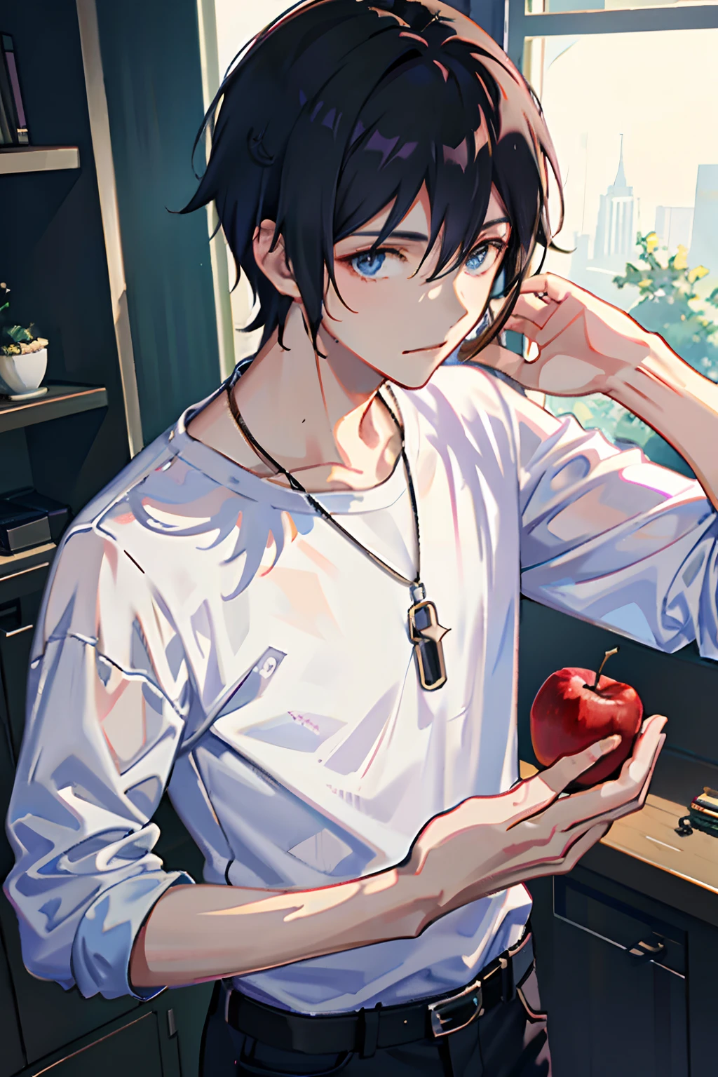 1boy, apple, bag, bangs, berry, black hair, black shirt, blue eyes, hair between eyes, jewelry, leaf, looking at viewer, male focus, necklace, pants, shirt, solo, watch, white pants, wristwatch, messy hair, trending on artstation, 8k resolution, highly detailed, anatomically correct, sharp image, digital painting, concept art, trending on pixiv, style of makoto shinkai,