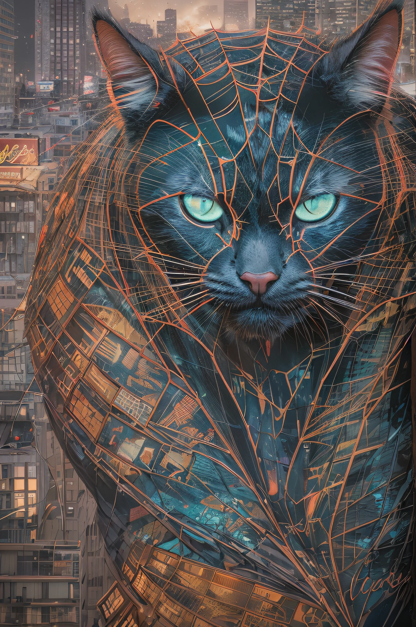 Cat portrait of Bloody Spider-Man from Marvel,Inside the Fauvist building comes a complex angular cybernetics implant,Gothic brutalist cathedral,cyber punk perssonage,Award-winning photos,bokeh,neonlight,cybernetic limb