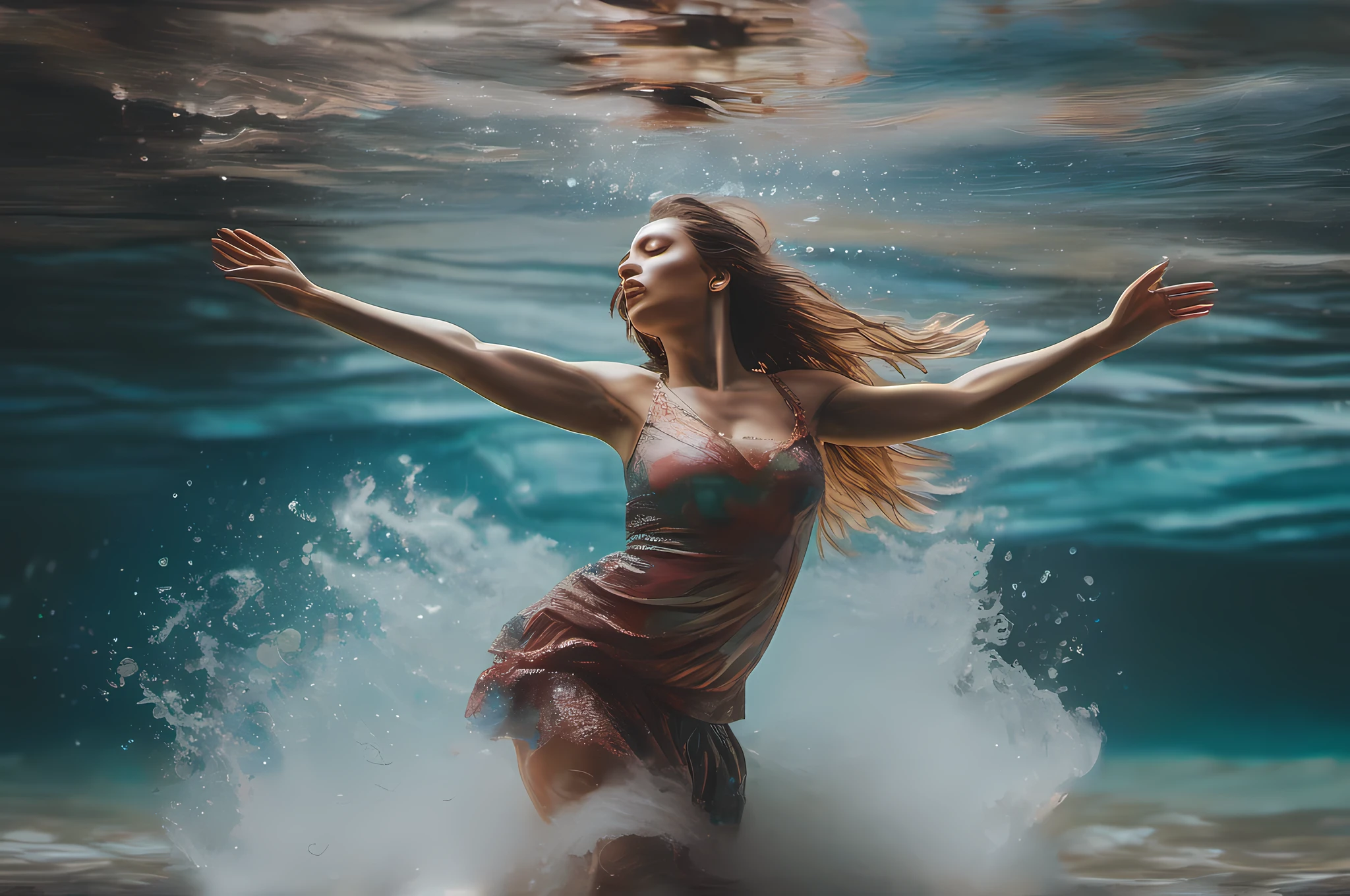 «An ultra-detailed photograph of a woman dancing freely in the sea, arms reaching overhead, body in motion. Shot on location using natural light with a Fujifilm GFX100S camera and 120mm macro lens for incredible focus and artistic blur. Crystal clear water swirling around the dancer. Hyper-realistic image with vivid colors. 3:2 aspect ratio, 750px size output.»