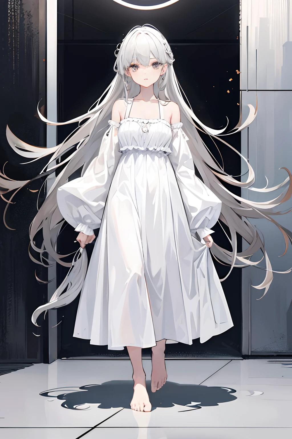 A girl,Gray hair,Black eyes,Loose white dress,long whitr hair,Two dull hairs,The barefoot,full bodyesbian,standing on your feet