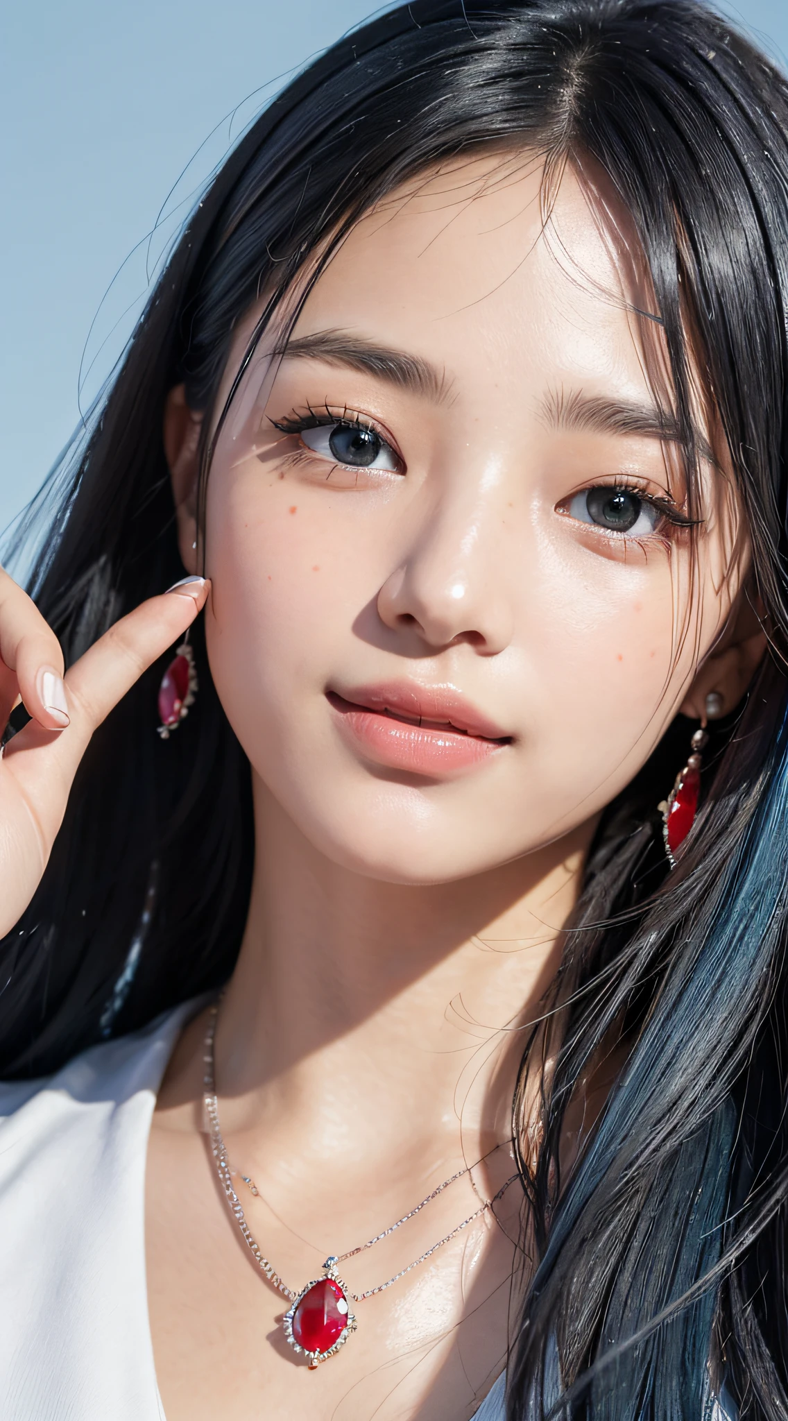 (a closeup:1.6), masterpiece, top-quality, 8K, absurderes, beautiful a girl, Clean face, looking at the viewers, a smile, Ruby Earrings, ruby necklace, Teen, cute little, (Glitter and smoky red eyeshadow and glitter, glazed pinkish red lips:0.8), A hyper-realistic, hight resolution, a picture, film grains, chromatic abberation, foco nítido, HDR, face lights, Dynamic lighting, 电影灯光, Professional Shadows, simple background, (Dull blue background:1.3)、highestdetailed、Extreme details、ultra-detailliert、detaile、authentic skin、delicated facial features、detailed faces and eyes、Sharp pupils、Realistic pupils、(Black eye:1.0)