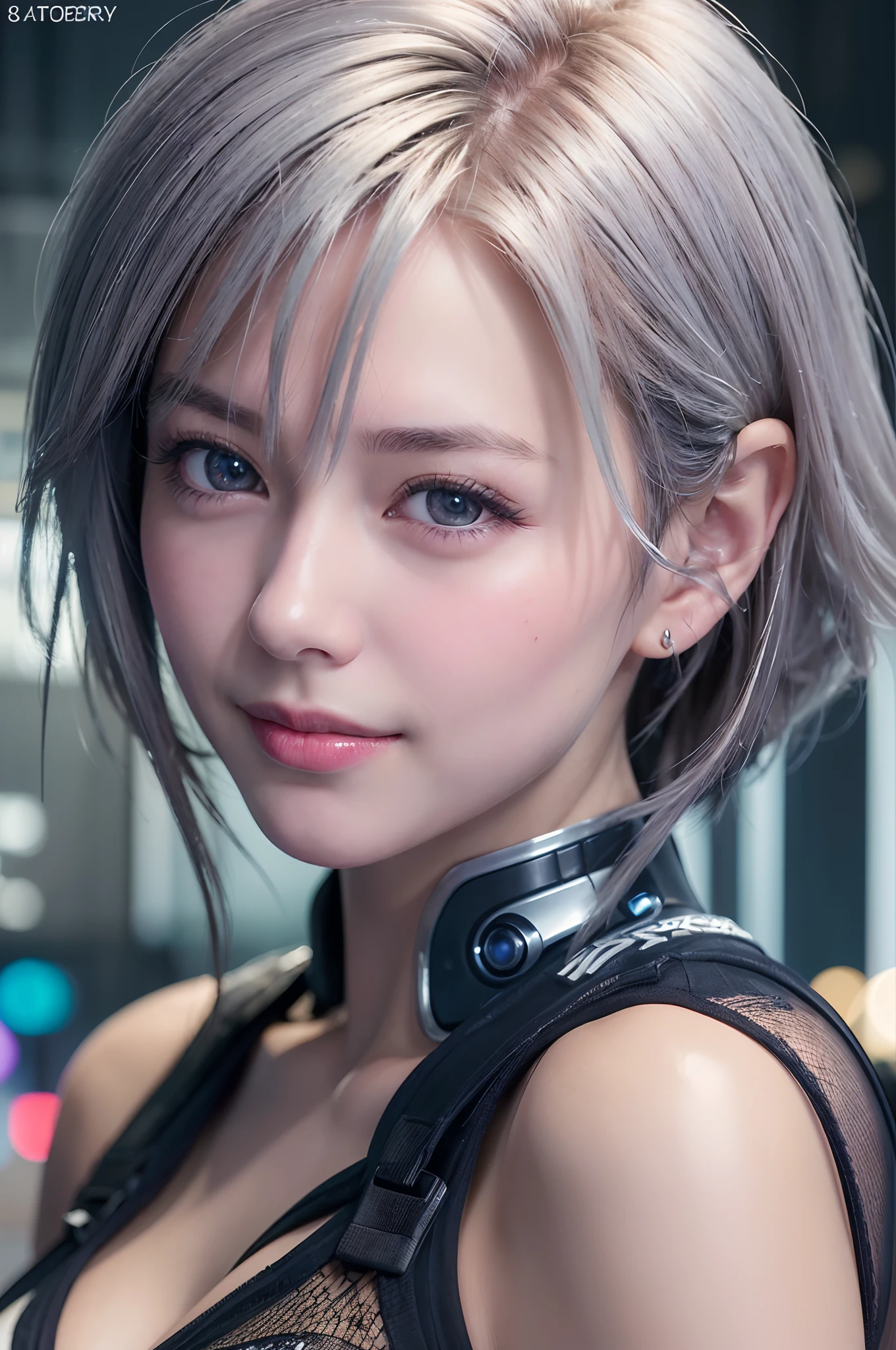 (8k, photorealistic, RAW photo, top quality: 1.4), (1girl), super beautiful, (realistic face), (boyish, silver-colored berry short hair), beautiful cyberpunk suit, glares seducing viewer, beautiful expression, beautiful breasts, (realistic skin), beautiful smile, (soldier), attractive, ultra high resolution, ultra realistic, high definition, spoiled