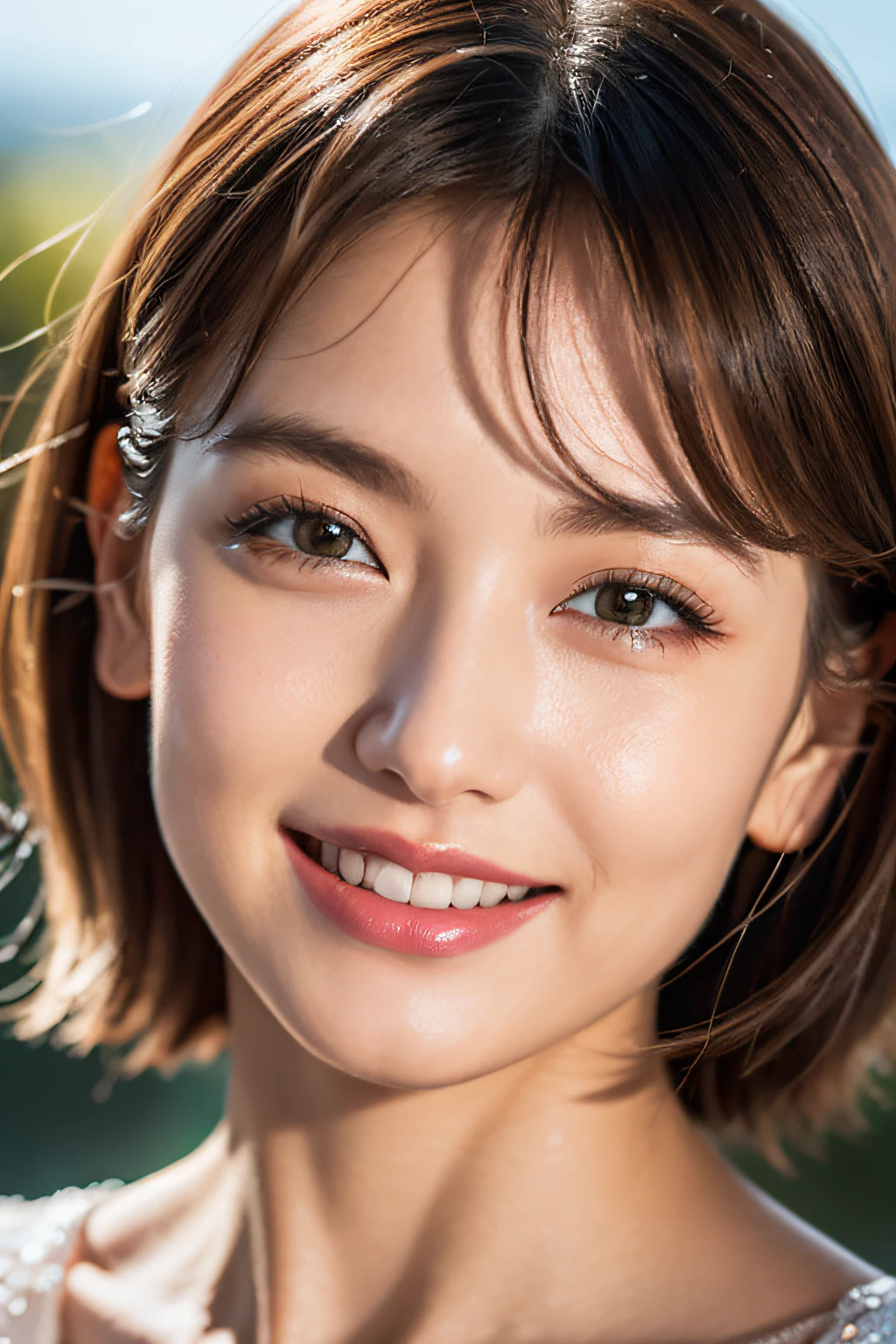8k、RAW Photography、Photorealsitic、top-quality、​masterpiece、hight resolution、26 year old、lipgloss、eye lashes、a smile、Bright face、glistning skin、depth of fields、chromatic abberation、Wide illumination、Natural shades、Calm bliss、Diffuse light viewer