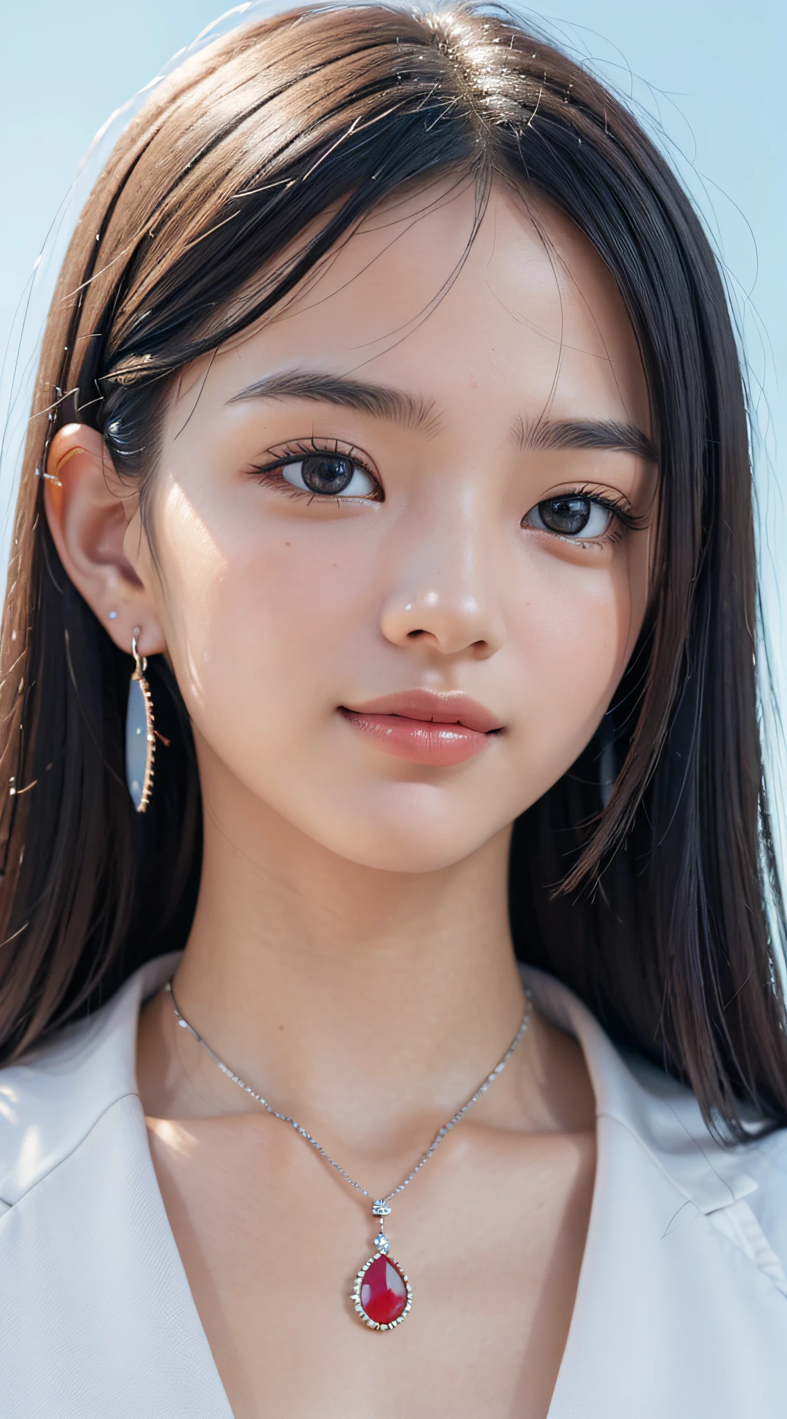 (a closeup:1.6), ​masterpiece, top-quality, 8K, absurderes, beautiful a girl, Clean face, looking at the viewers, a smile,  Ruby Earrings, ruby ​​necklace, Teen, cute little, (Glitter and smoky red eyeshadow and glitter, glazed pinkish red lips:0.8), A hyper-realistic, hight resolution, a picture, film grains, chromatic abberation, foco nítido, HDR, face lights, Dynamic lighting, 电影灯光, Professional Shadows, simple background, (Dull blue background:1.3)、highestdetailed、Extreme details、ultra-detailliert、detaile、authentic skin、delicated facial features、detailed faces and eyes、Sharp pupils、Realistic pupils、(Black eye:1.0)