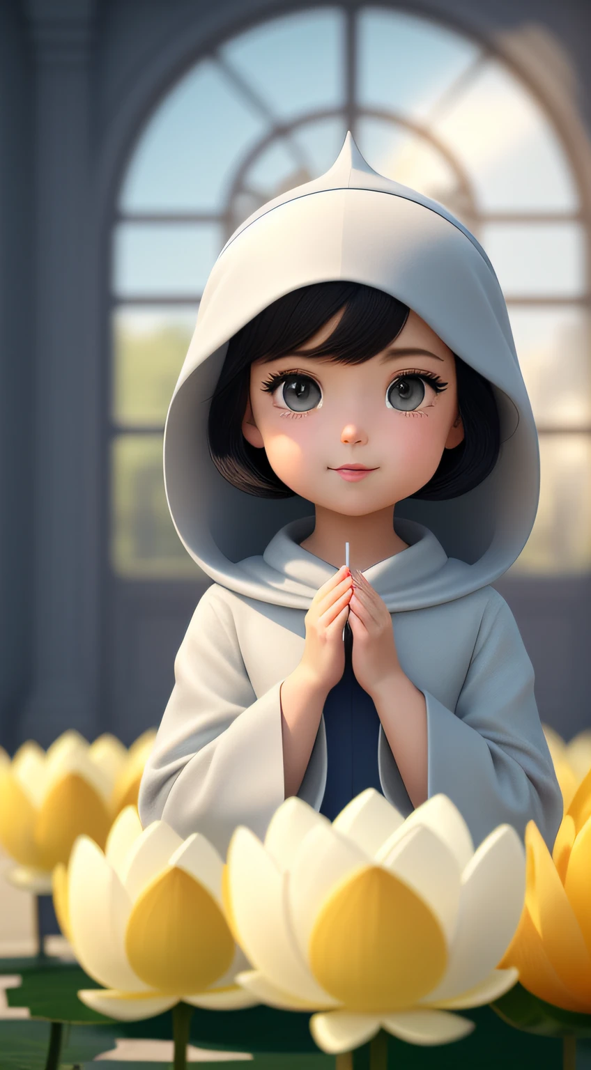 (tmasterpiece), (Need), (super-fine), (full bodyesbian:1.2), ultra cute, 3 year old baby, by Pixar, Gray robe, Gray square nun cap，It's a big eye-catcher, fluffly, ssmile, Delicate and delicate, Fairytales, Incredibly high detail, pixar-style, bright color palette, Natural soft light, Simple background in solid color, Octane rendering, Trends on ArtStation, opulent, ultra-wide-angle, 8K, k hd, realisticlying，Close-up，（frontage）sitting on a lotus flower