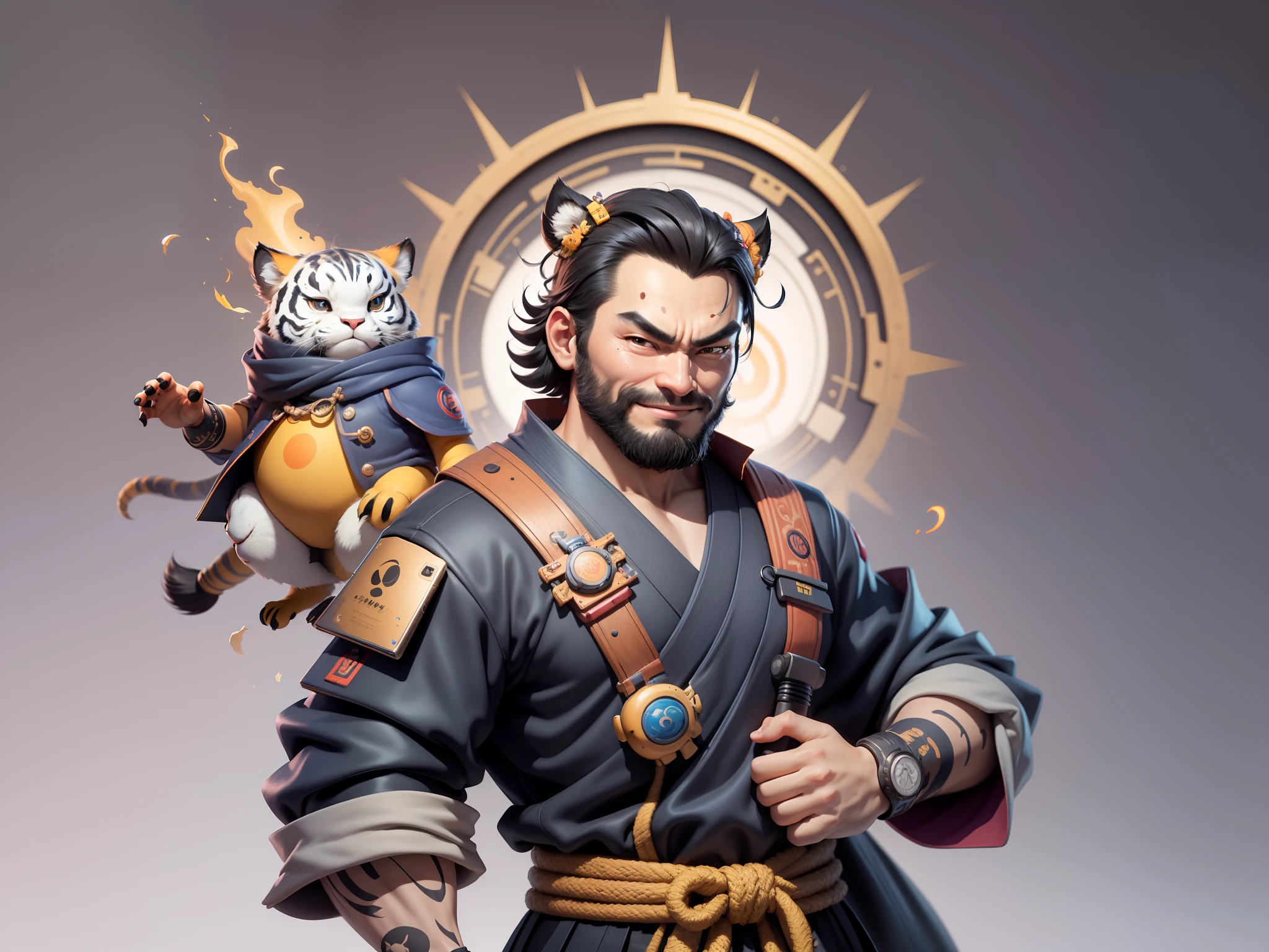 (Daisaku),(Need),(Super meticulous),(full bodyesbian:1.2),Super young man with Japanese geisha,Beautiful,orient,one tiger,Aeolian Thor,Raised sexy,爆乳,Oriental face,TV Anchor,Bust portrait illustration,In black suit,a blue tie,The face is slightly chubby,The face was clean,without a beard,Black super short hair,Black eyes,Smile confidently,3C computer sub-products,iPad, iphone,Digital painting,3D character design by Mark Clairen and Pixar and Hayao Miyazaki and Akira Toriyama,The illustration is a high-definition illustration in 4K resolution,With very detailed facial features and cartoon-style visuals。