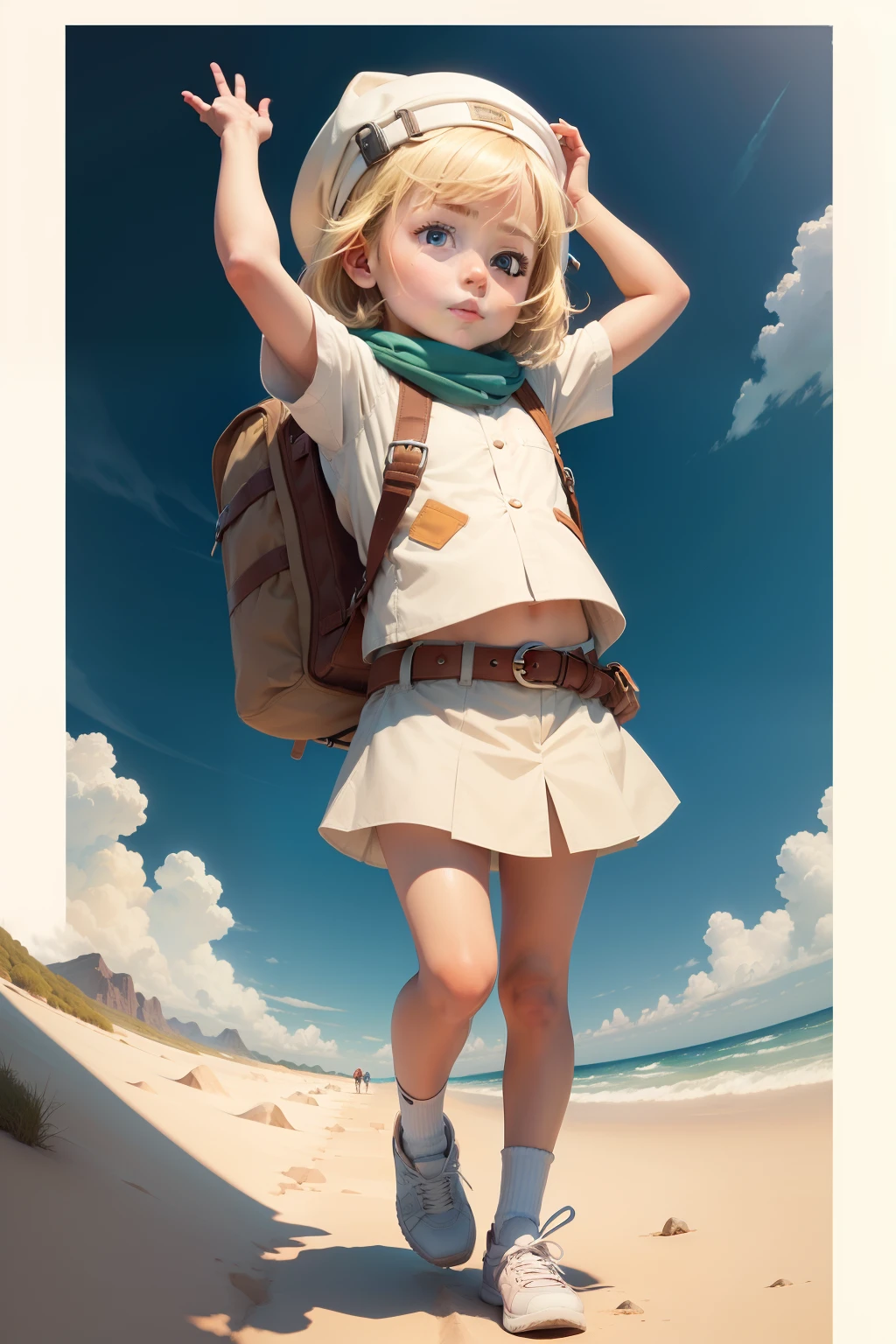 explorer child, woman, 6 years old, various poses on white background, children's book illustration style, cute, colors, blonde hair, plain color, female adventurous outfit, no belt, no hat, no glasses, no backpack