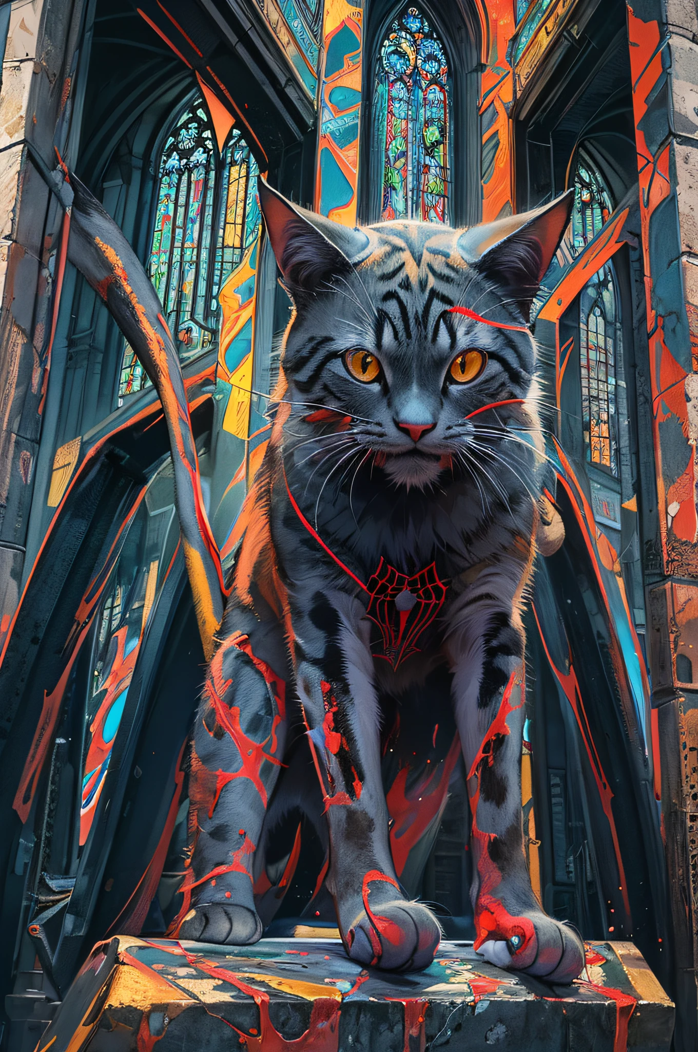 Cat portrait of Bloody Spider-Man from Marvel,Inside the Fauvist building comes a complex angular cybernetics implant,Gothic brutalist cathedral,cyber punk perssonage,Award-winning photos,bokeh,neonlight,cybernetic limb