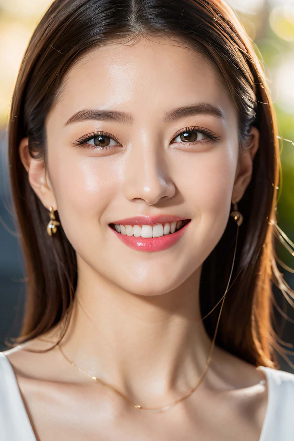 8K、Raw photography、Photorealsitic、top-quality、masterpiece、hight resolution、26 year old、lipgloss、Eye lashes、A smile、Bright face、glistning skin、depth of fields、chromatic abberation、Wide illumination、Natural shades、Calm bliss、Diffuse light viewer