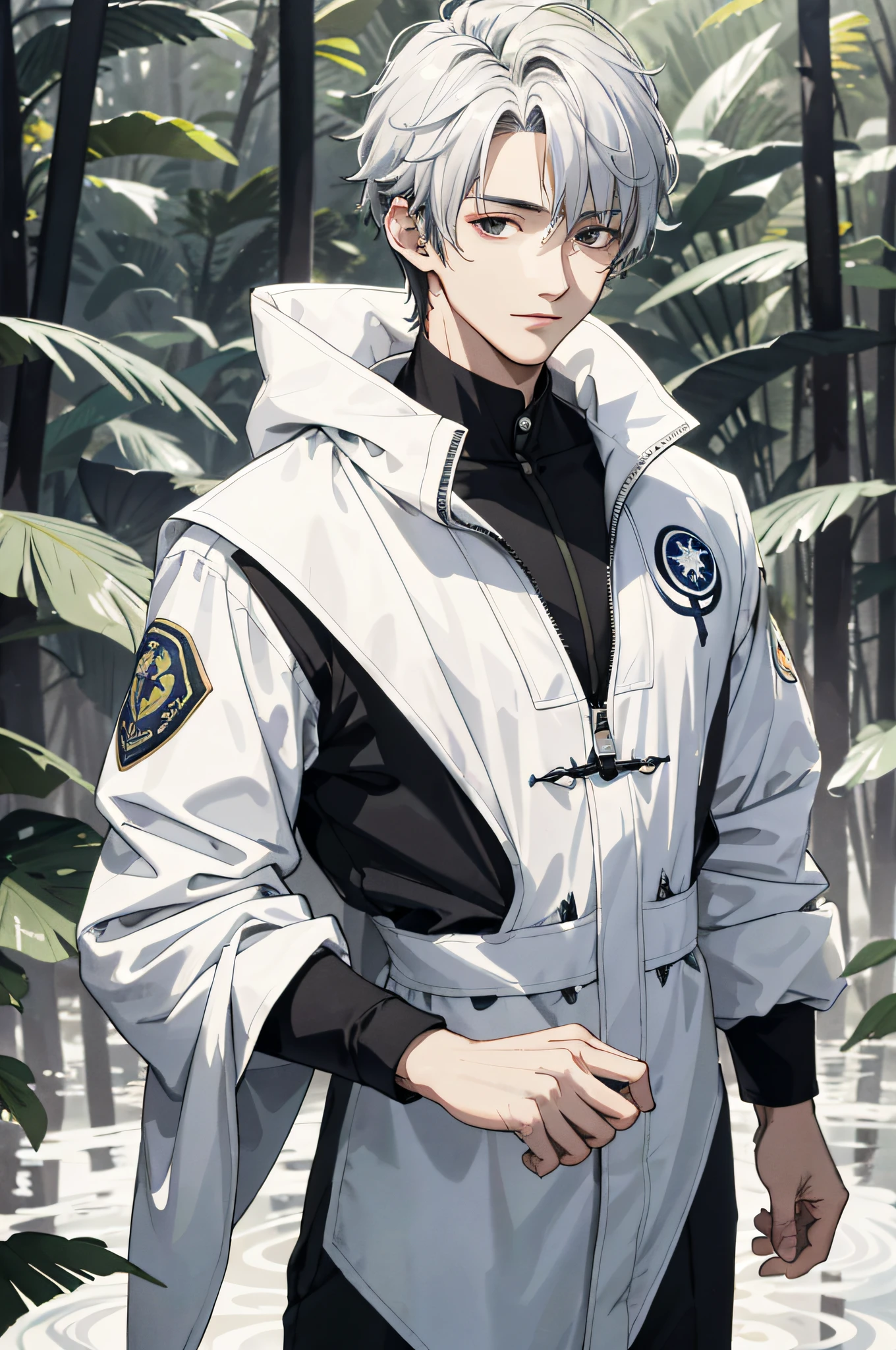 Absurd, High definition, Super detailed, Texture details, clear presentation, HD details, detail performance, Fine details, Clear face, Fix accurately, ((cabelos preto e longos))、long whitr hair、18-year-old man, Handsome, Tall,Soft smile、Slightly muscular,(Clear eyeballs), (1 person: 1.3), handpainted, Simple lines, (An 18-year-old man wearing a white Chinese suit), foggy forest、The upper part of the body,(Exocet suit 1.2)