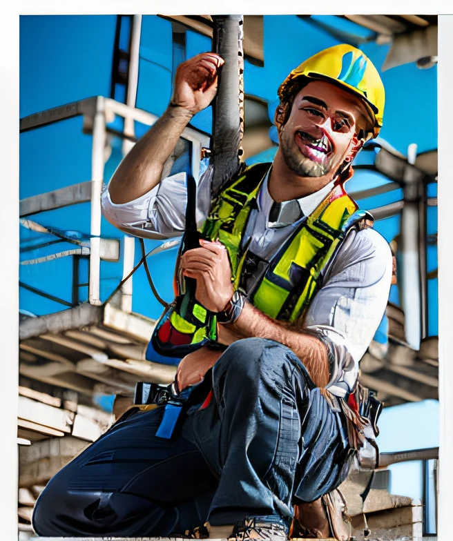 Man in safety gear on a ladder with a helmet on, Arreios, Seguro para o trabalho. foto do instagram, trabalho profissional, technical, highly technical, escalador, harness, body harness, promo, maintenance, Borda a Borda, advertising photo, foto de retrato, Imagem promocional, excepcional, foto retrato, illustration, description, Seguro para o trabalho. cinemactic, Advanced technology