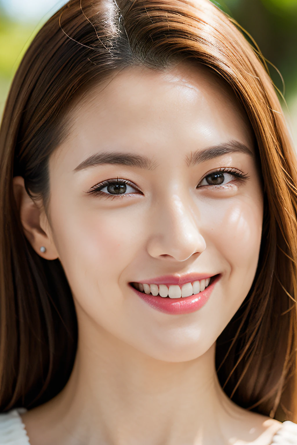 8K、Raw photography、Photorealsitic、top-quality、​masterpiece、hight resolution、26 year old、lipgloss、Eye lashes、A smile、Bright face、glistning skin、depth of fields、chromatic abberation、Wide illumination、Natural shades、Calm bliss、Diffuse light viewer