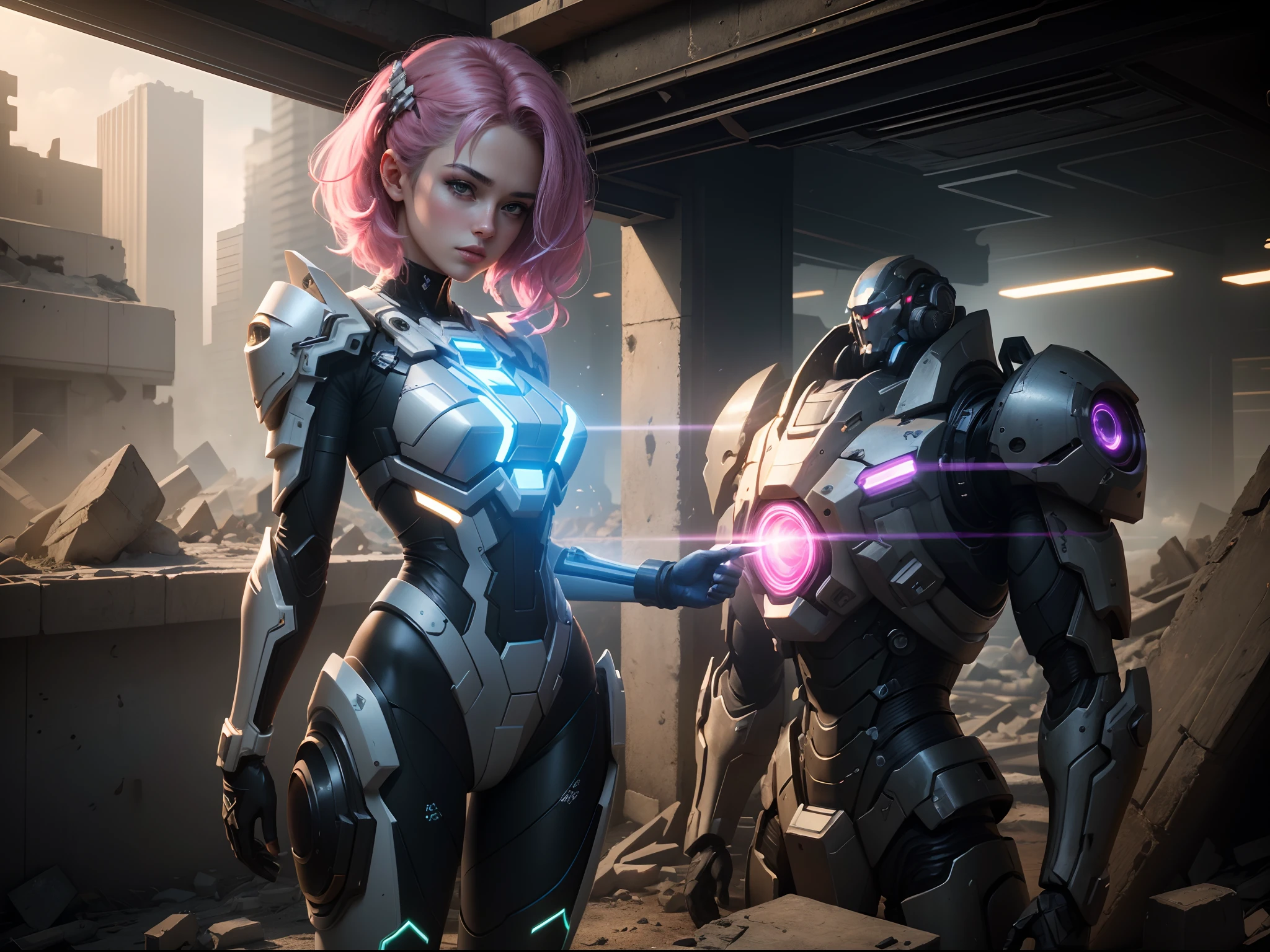 ((Best Quality)), ((Masterpiece)), (Very Detailed:1.3), 3D, Shitu-mecha, Beautiful cyberpunk woman with her pink mech in the ruins of a city in the forgotten war, Ancient technology, HDR (High Dynamic Range), ray tracing, NVIDIA RTX, super resolution, unreal 5, subsurface scattering, PBR texture, post-processing, anisotropic filtering, depth of field, maximum sharpness and sharpness, multi-layer texture, albedo and highlight maps, surface shading, Accurate simulation of light-material interactions, perfect proportions, octane rendering, duotone lighting, low ISO, white balance, rule of thirds, wide aperture, 8K RAW, efficient sub-pixels, subpixel convolution, luminescent particles, light scattering, Tyndall effect