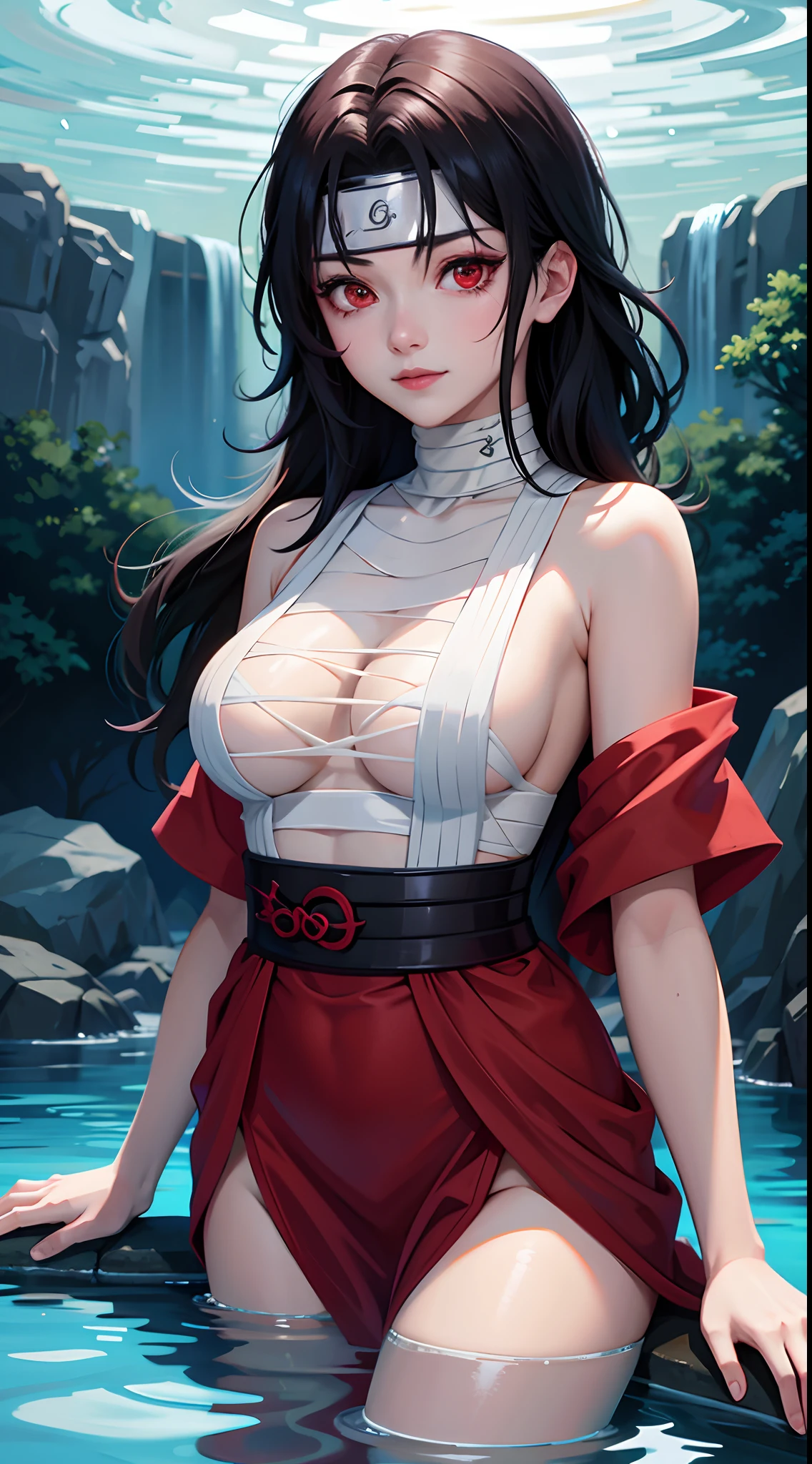 nar_kurenai_yuhi,Forehead protector,Bandages,(Arashi:1.2),Red eyes,,Makeup,Off-the-shoulder attire，ssmile，looks into camera，hot onsen，Half of your body is underwater