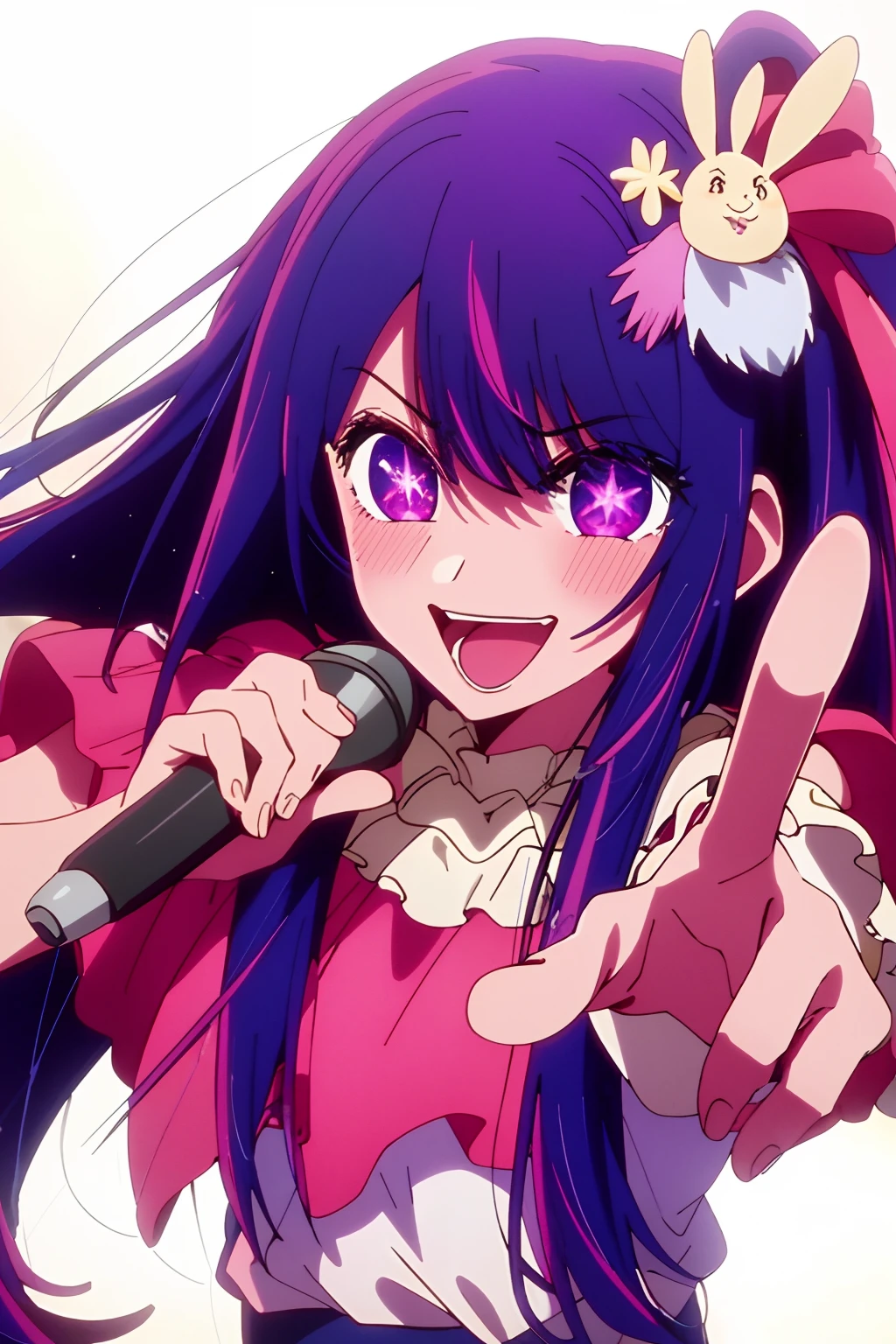 masterpiece、ighly detailed、(1 girl in:1.2)、purple color hair、pink dress、big eye、a closeup、A smile、8K、Ai Hoshino、Live performance venue、