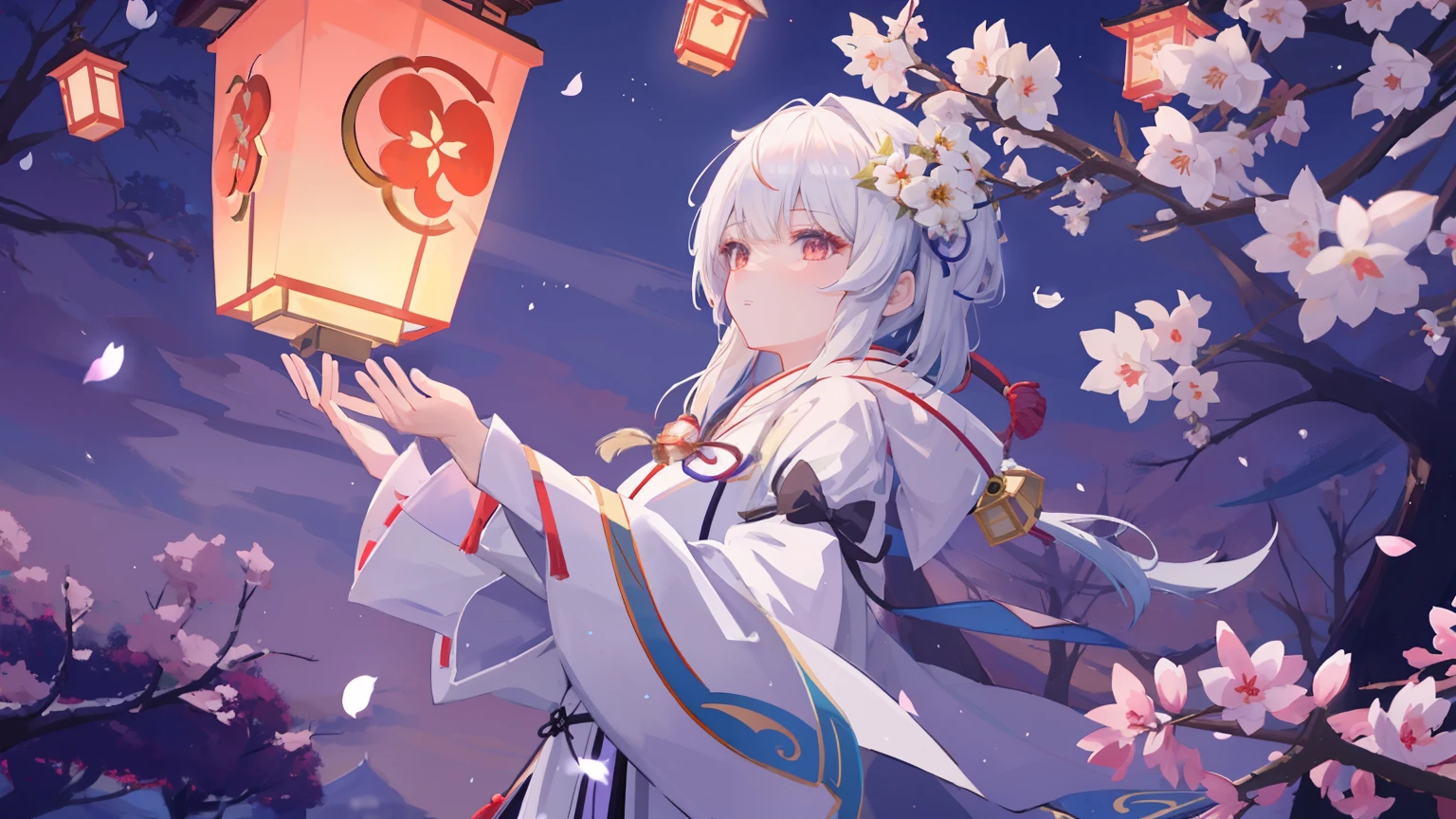 Anime girl holding a lantern in front of a tree, white-haired god, Keqing from Genshin Impact, Ayaka Genshin impact, anime moe art style, zhongli from genshin impact, offcial art, flowing white robe, ayaka game genshin impact, Genshin, zerochan art, from touhou, ((wearing aristocrat robe))