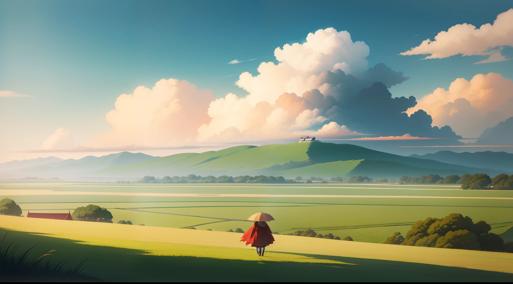 夏天,heal,Ghibli-like colors,grassy fields,clouds,scenecy,tmasterpiece,high qulity,Miyazaki painting style