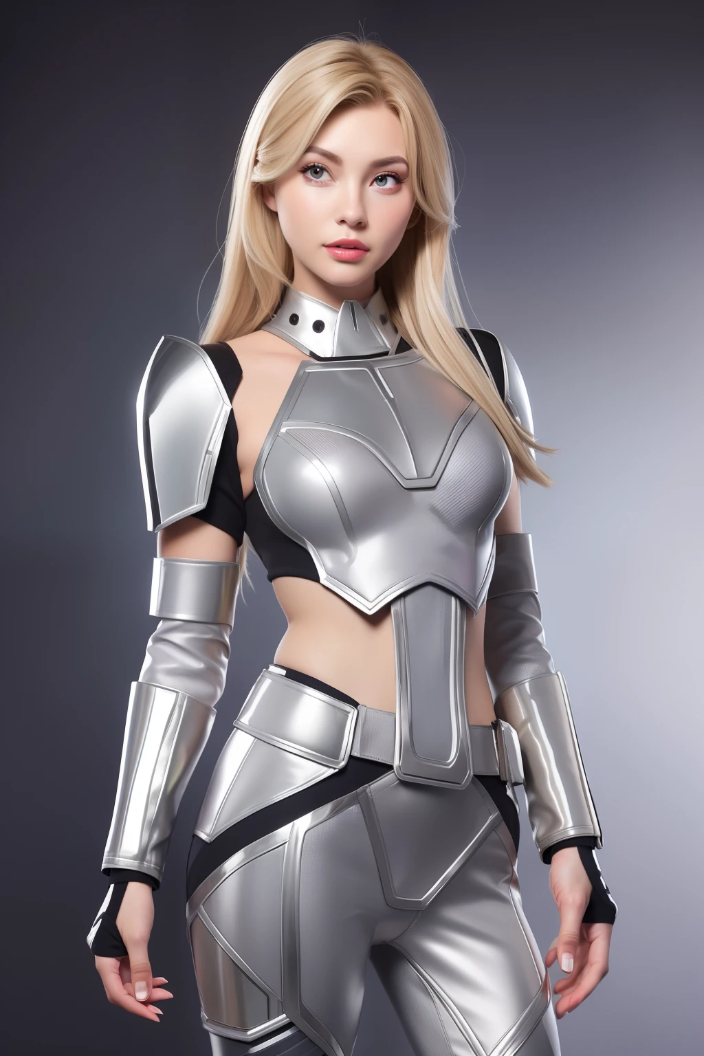 Beautiful Face Woman、a blond、Silver camouflage pattern background、 Beautuful Women、18year old、prety woman、hyper realistic photography、High-definition photos、red lipsticks、Mandalorian style miniskirt suit in metal armor、The skin is not very exposed、Do not cut your head off the screen、Camouflage skirt、Facing the front、