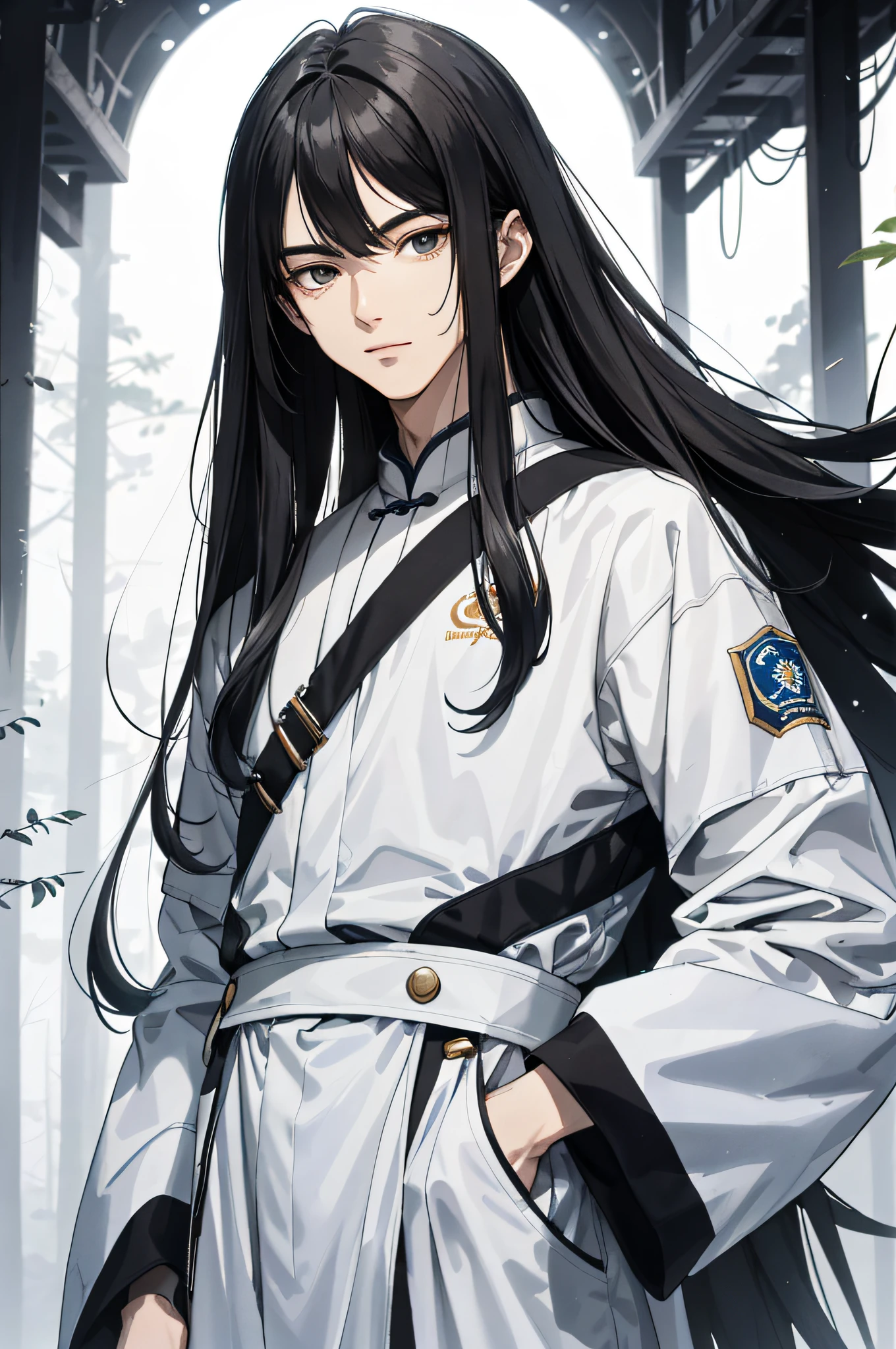 Absurd, High definition, Super detailed, Texture details, clear presentation, HD details, detail performance, Fine details, Clear face, Fix accurately, （（cabelos preto e longos））、long whitr hair、18-year-old man, Handsome, Tall,Soft smile、Slightly muscular,（Clear eyeballs）, (1 person: 1.3), handpainted, Simple lines, （An 18-year-old man wearing a white Chinese suit）, foggy forest、The upper part of the body，（Exocet suit 1.2）