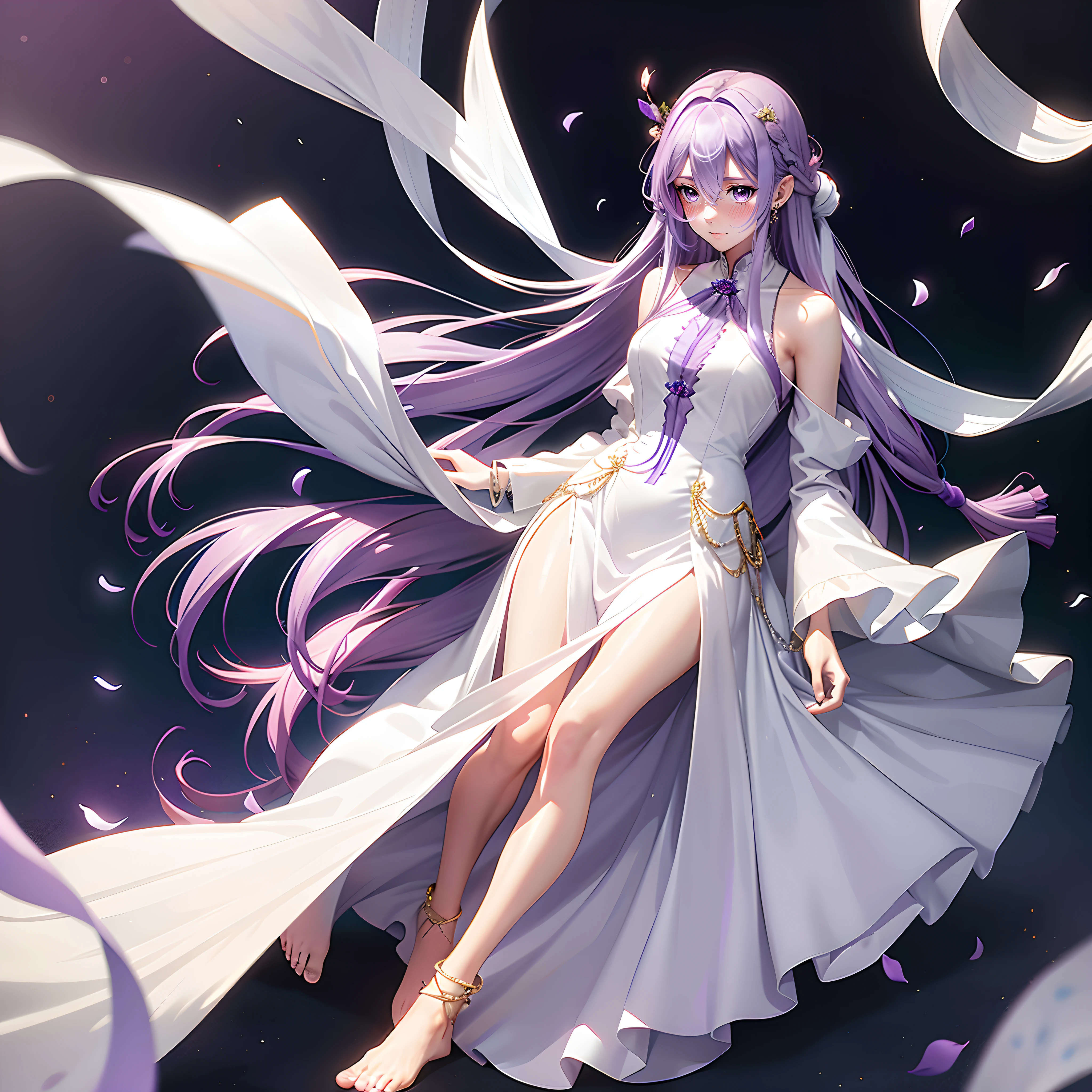 flowing purple hair,Women's period costume,Hydrated eyes,Barefoot,gentleness,Streamers,eardrop,a white long skirt,Slender limbs,Silver bracelet