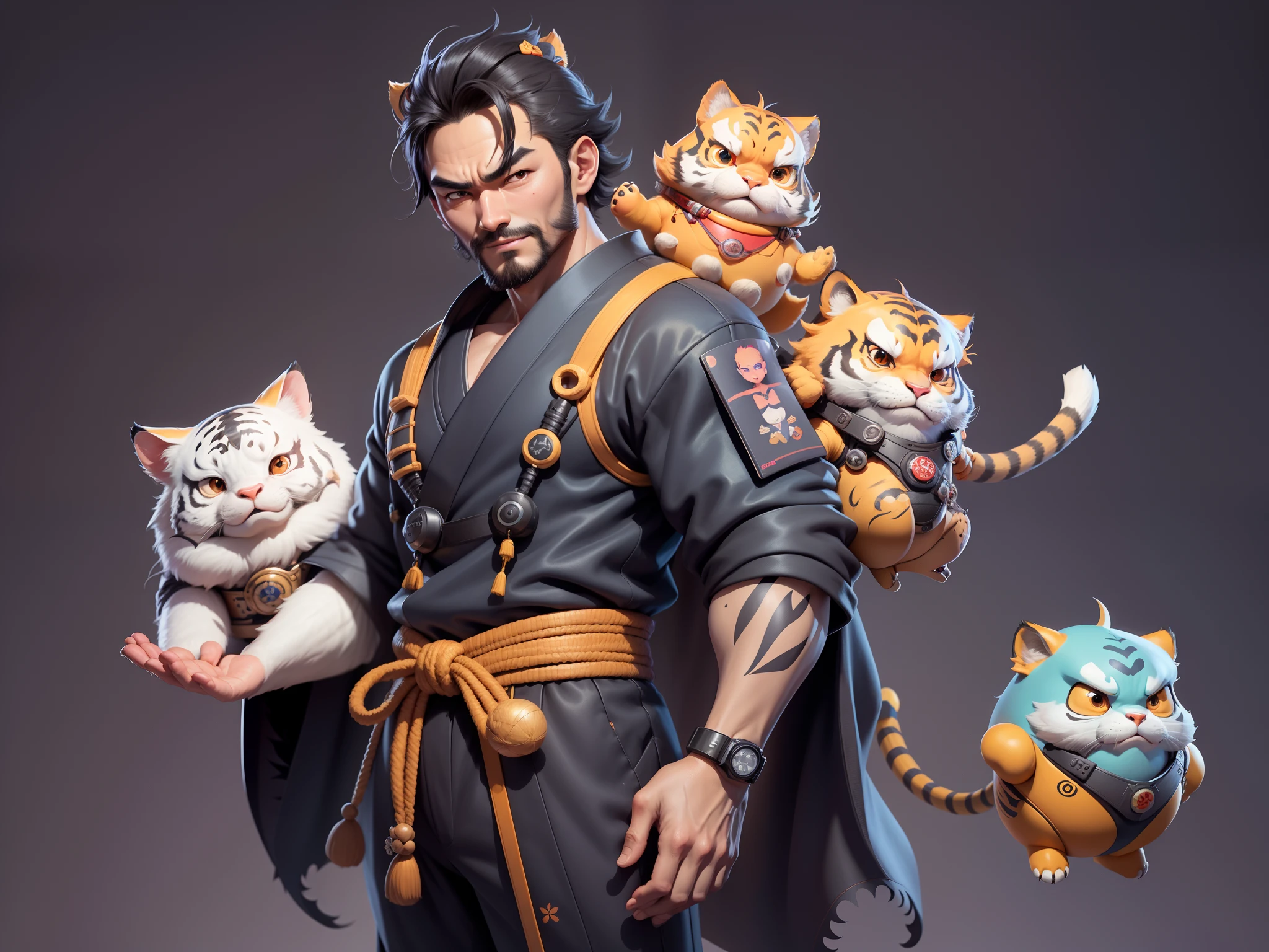 (Daisaku),(Need),(Super meticulous),(full bodyesbian:1.2),Super young man with Japanese geisha，Beautiful，orient，one tiger，Aeolian Thor，Raised sexy，爆乳，Oriental face，TV Anchor，Bust portrait illustration，In black suit，a blue tie，The face is slightly chubby，The face was clean，without a beard，Black super short hair，Black eyes，Smile confidently，3C computer sub-products，iPad， iphone，Digital painting，3D character design by Mark Clairen and Pixar and Hayao Miyazaki and Akira Toriyama，The illustration is a high-definition illustration in 4K resolution，With very detailed facial features and cartoon-style visuals。