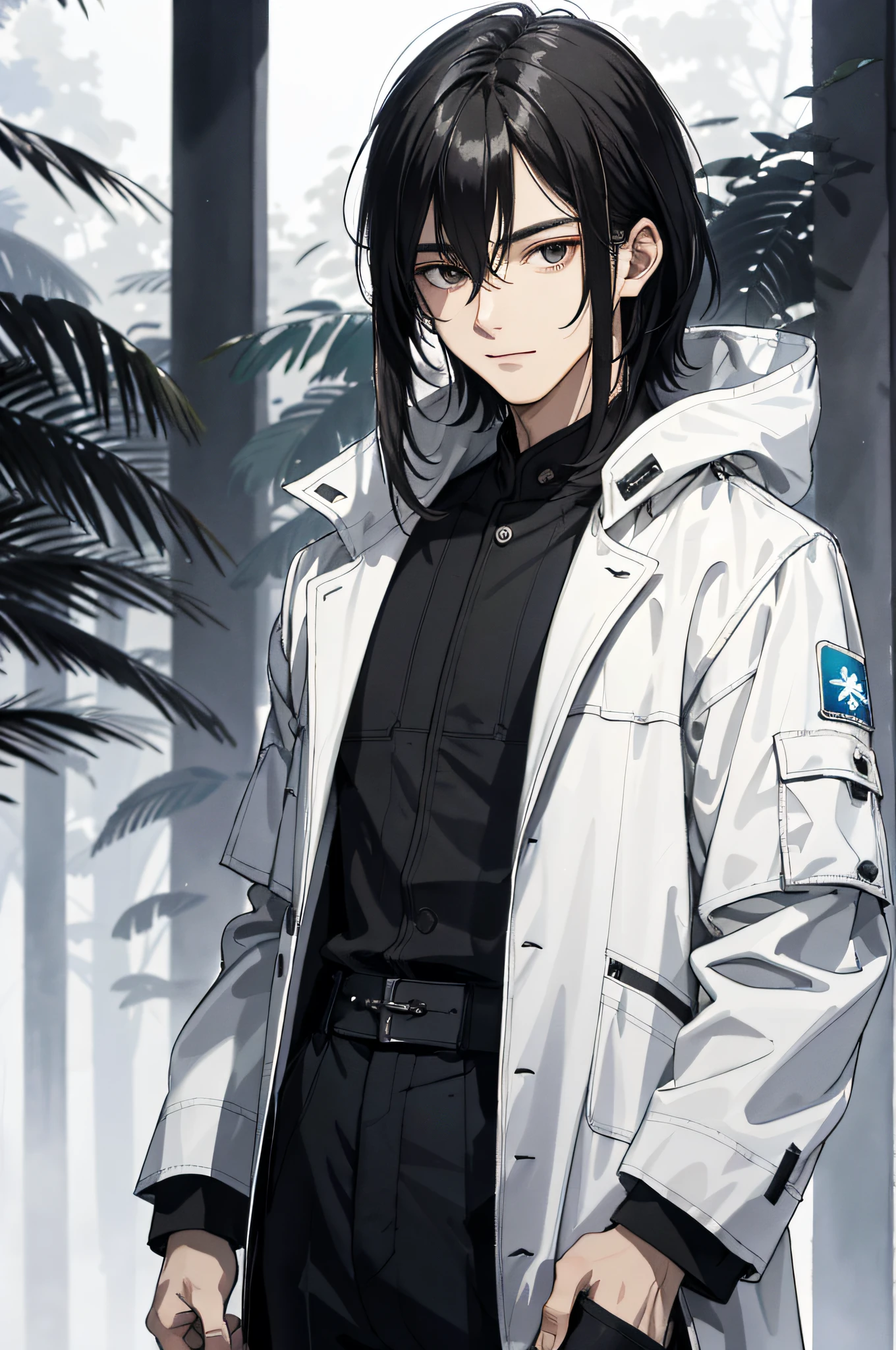 Absurd, High definition, Super detailed, Texture details, clear presentation, HD details, detail performance, Fine details, Clear face, Fix accurately, （（cabelos preto e longos））、long whitr hair、18-year-old man, Handsome, Tall,Soft smile、Slightly muscular,（Clear eyeballs）, (1 person: 1.3), handpainted, Simple lines, （An 18-year-old man wearing a white Chinese suit）, foggy forest、The upper part of the body，（Exocet suit 1.2）