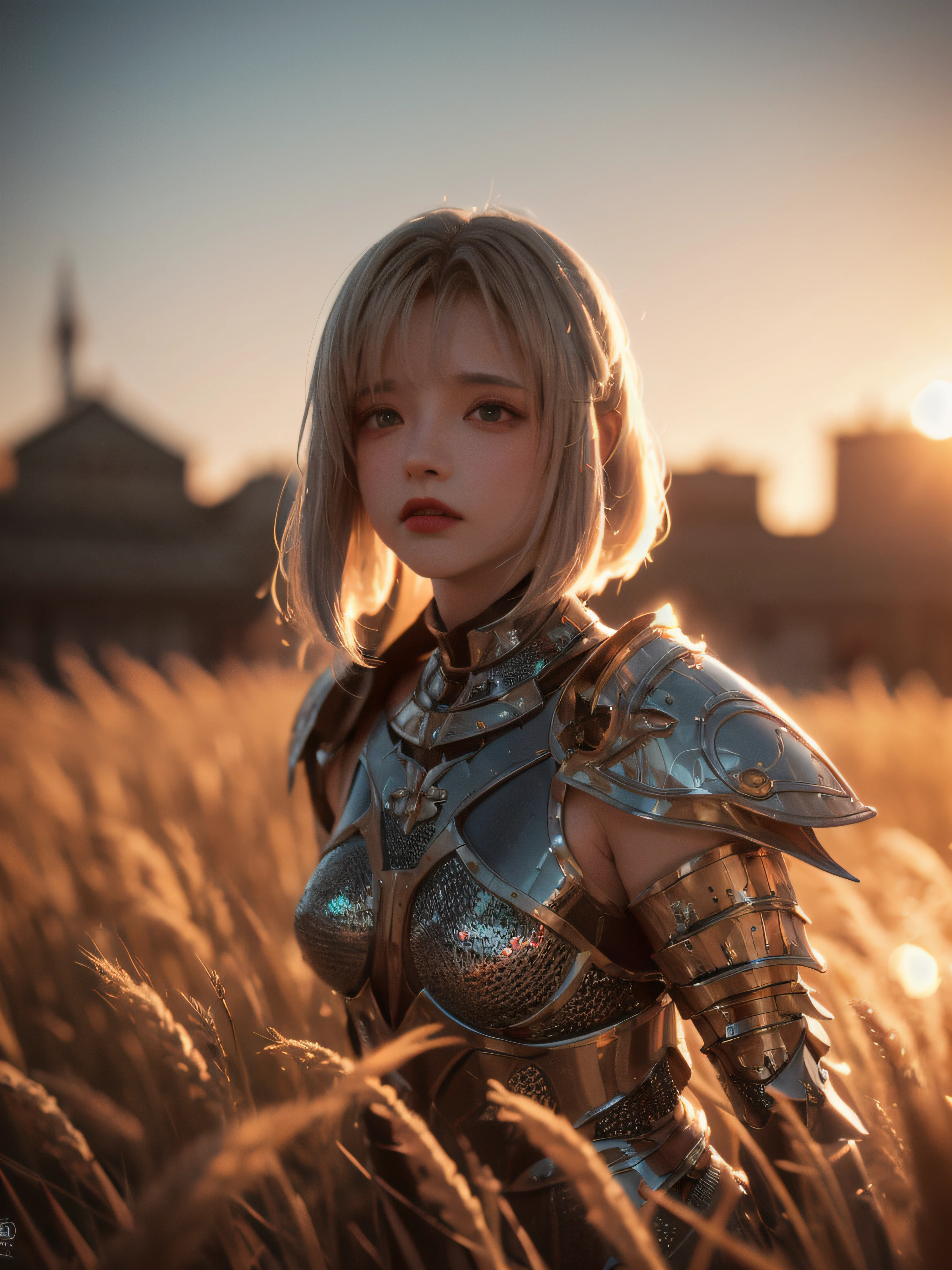 (masterpiece), (extremely intricate:1.3), (realistic), portrait of a girl, the most beautiful in the world, (medieval armor), metal reflections, upper body, outdoors, intense sunlight, far away castle, professional photograph of a stunning woman detailed, sharp focus, dramatic, award winning, cinematic lighting, octane render unreal engine, volumetrics dtx, (film grain, blurry background, blurry foreground, bokeh, depth of field, sunset, motion blur:1.3), chainmail