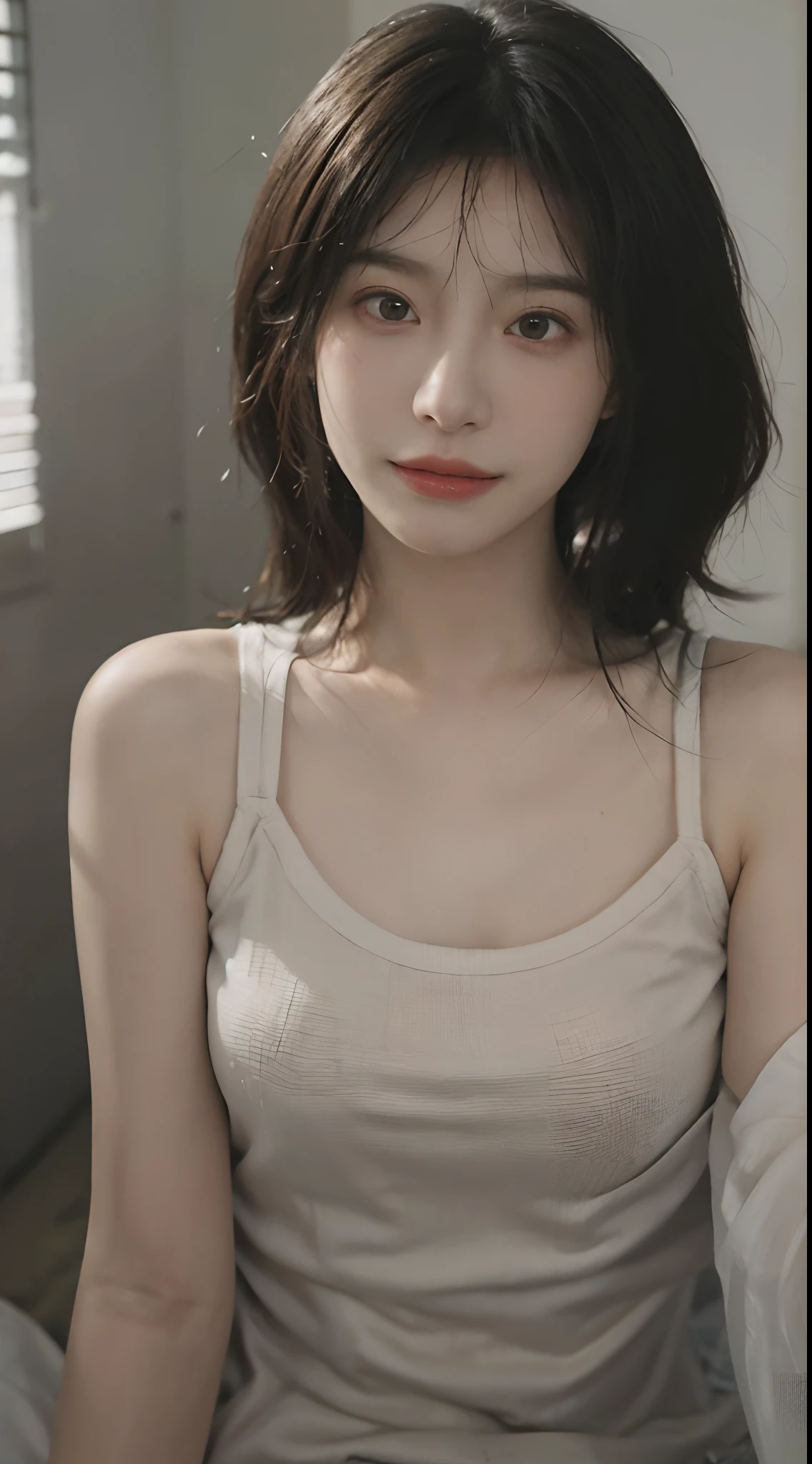 dressed without bra, (photo realistic:1.4), (hyper realistic:1.4), (realistic:1.3),
(smoother lighting:1.05), (increase cinematic lighting quality:0.9), 32K,
1girl,20yo girl, realistic lighting, backlighting, light on face, ray trace, (brightening light:1.2), (Increase quality:1.4),
(best quality real texture skin:1.4), finely detailed eyes, finely detailed face, finely quality eyes,
(joy, blush), (tired and sleepy and satisfied), face closeup, t-shirts,
(Increase body line mood:1.1), (Increase skin texture beauty:1.1)