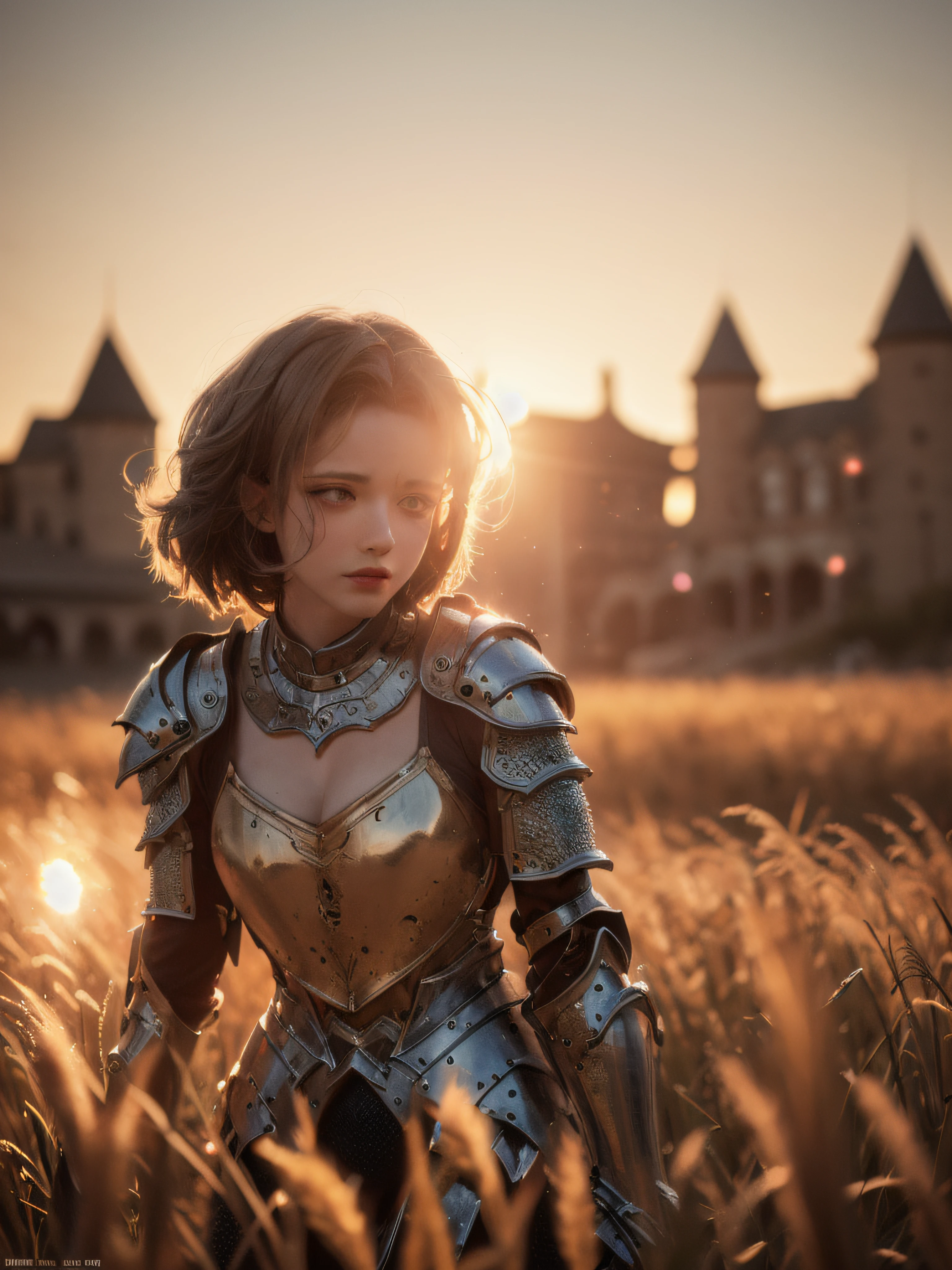 (masterpiece), (extremely intricate:1.3), (realistic), portrait of a girl, the most beautiful in the world, (medieval armor), metal reflections, upper body, outdoors, intense sunlight, far away castle, professional photograph of a stunning woman detailed, sharp focus, dramatic, award winning, cinematic lighting, octane render unreal engine, volumetrics dtx, (film grain, blurry background, blurry foreground, bokeh, depth of field, sunset, motion blur:1.3), chainmail