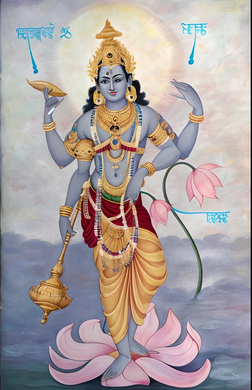 A painting of a Hindu god with a lotus flower, vishnu, standing gracefully upon a lotus, Take the golden wheel，conch，Vajra pestle，Blue skin，hindu aesthetic, attractive male deity, hindu god, indian god, hindu art, historical image, stylish deity, hindu, Hindu gods,