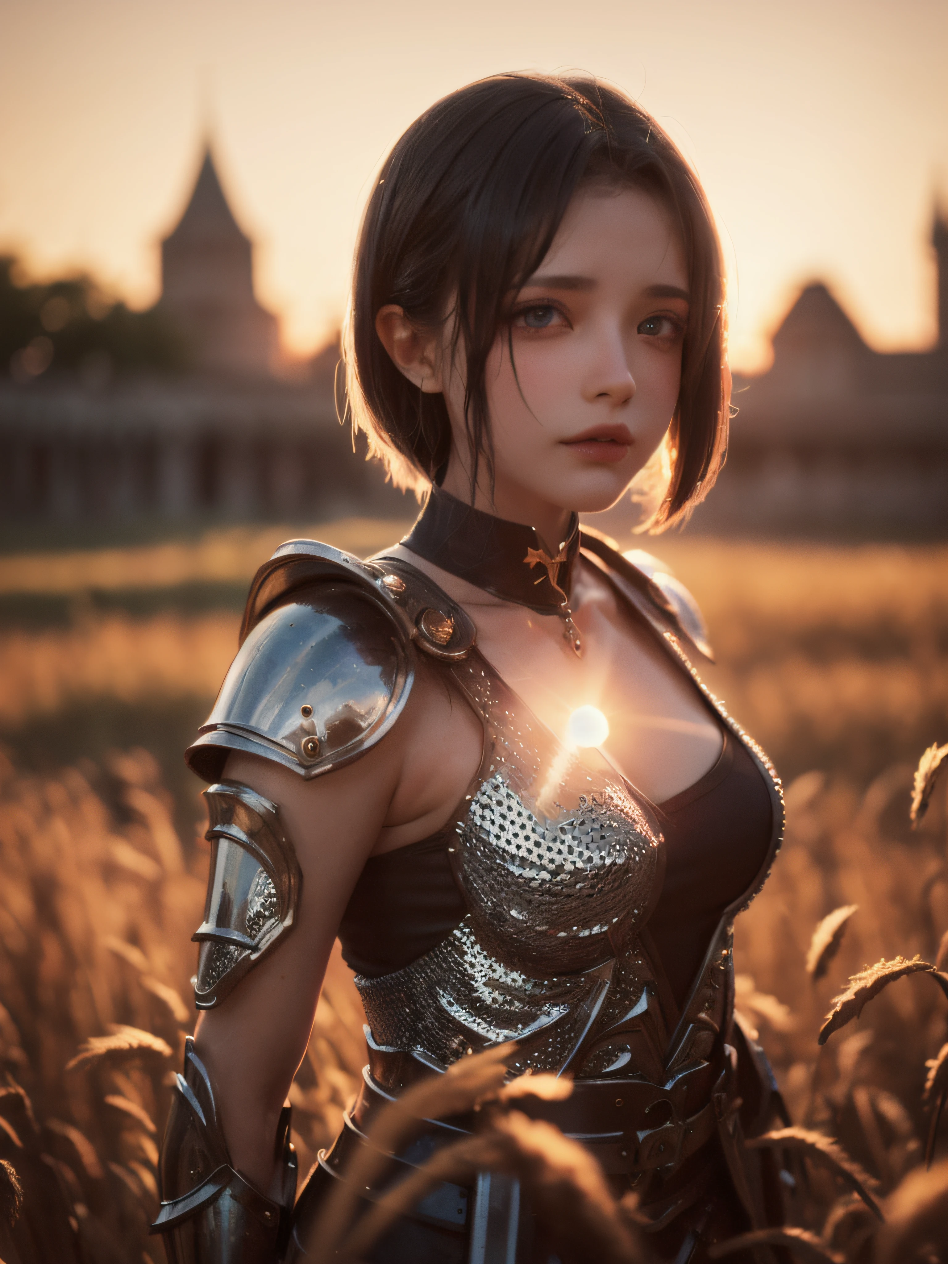 (masterpiece), (extremely intricate:1.3), (realistic), portrait of a girl, the most beautiful in the world, (medieval armor), metal reflections, upper body, outdoors, intense sunlight, far away castle, professional photograph of a stunning woman detailed, sharp focus, dramatic, award winning, cinematic lighting, octane render  unreal engine,  volumetrics dtx, (film grain, blurry background, blurry foreground, bokeh, depth of field, sunset, motion blur:1.3), chainmail