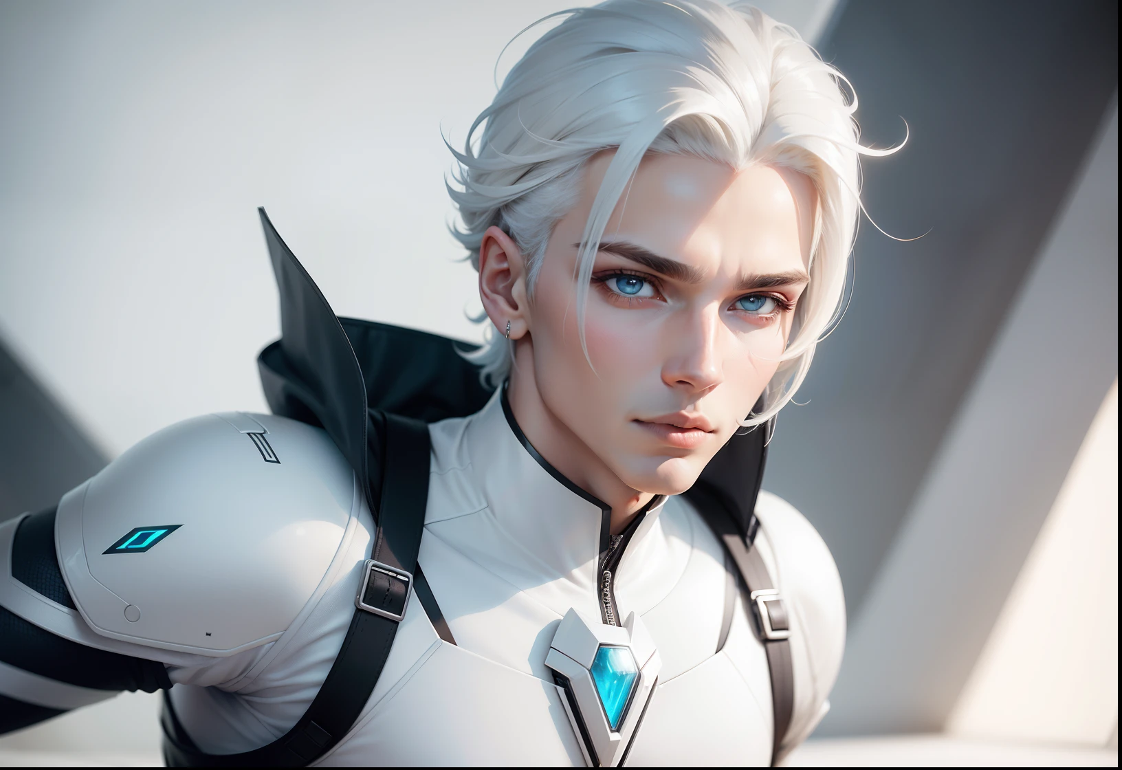 Um homem branco, cabelo branco cumprido, traje futuristic, olhos esverdeados, magro alto, androgynous smooth face