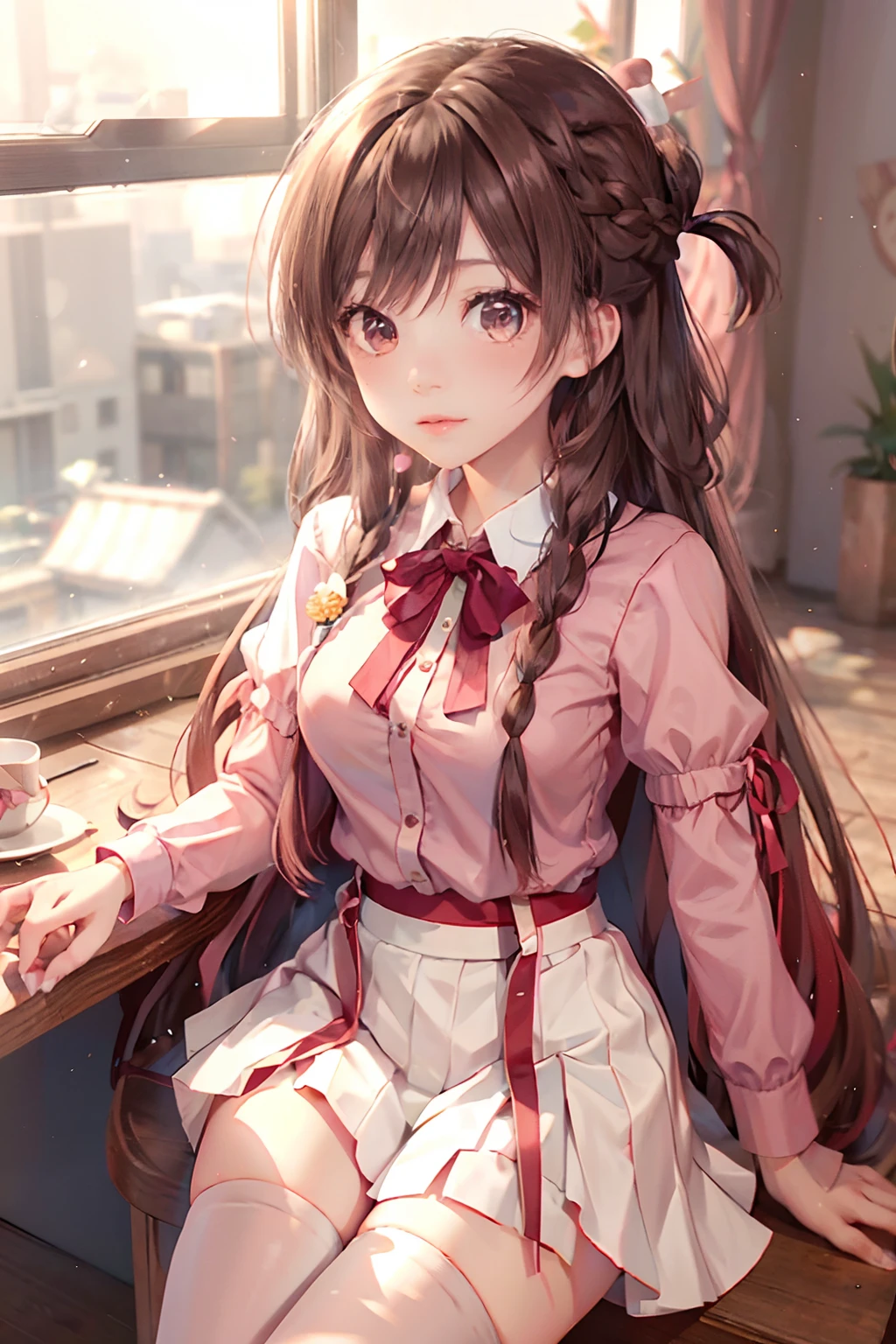 Chizuru Mizuhara (Rent a girlfriend) Live in real life, And with functionality:Long hair, Braid, one side up, Solo, White skirt, Red ribbon, Pink shirt, Pleated skirt, bangs, Neck ribbon, puffy short sleeves