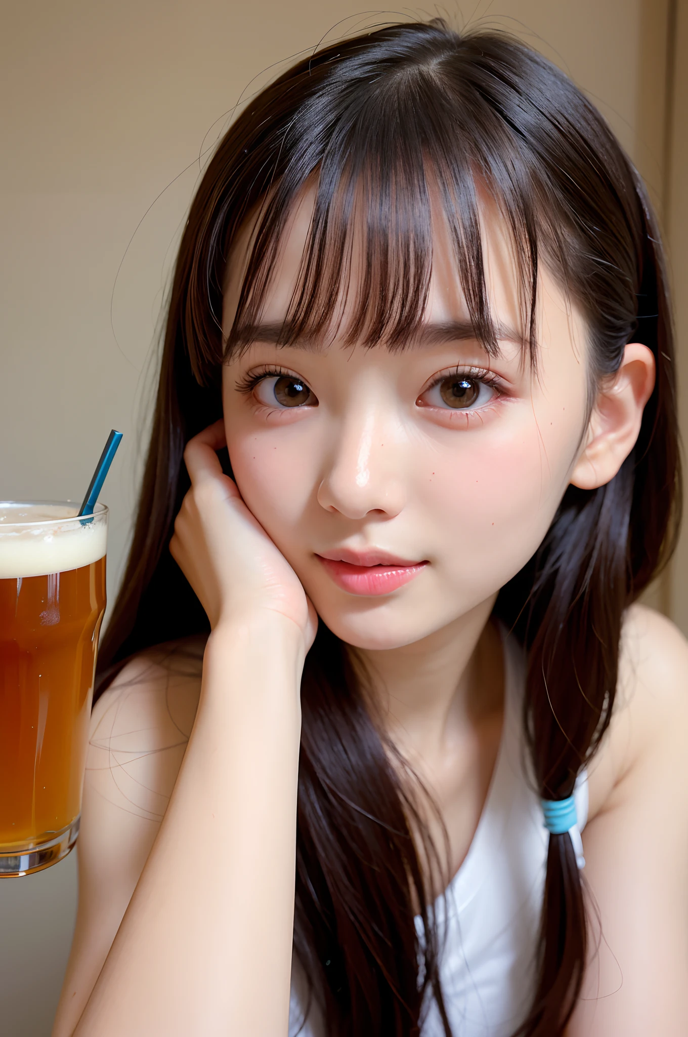 (8K、Raw photography、Photorealsitic:1.25)、1little girl、(23 year old woman with beautiful perfect face、Drink beer deliciously)、lipgloss、long lashes、Beautiful expression、shiny bare skin、top-quality、超A high resolution、a closeup
