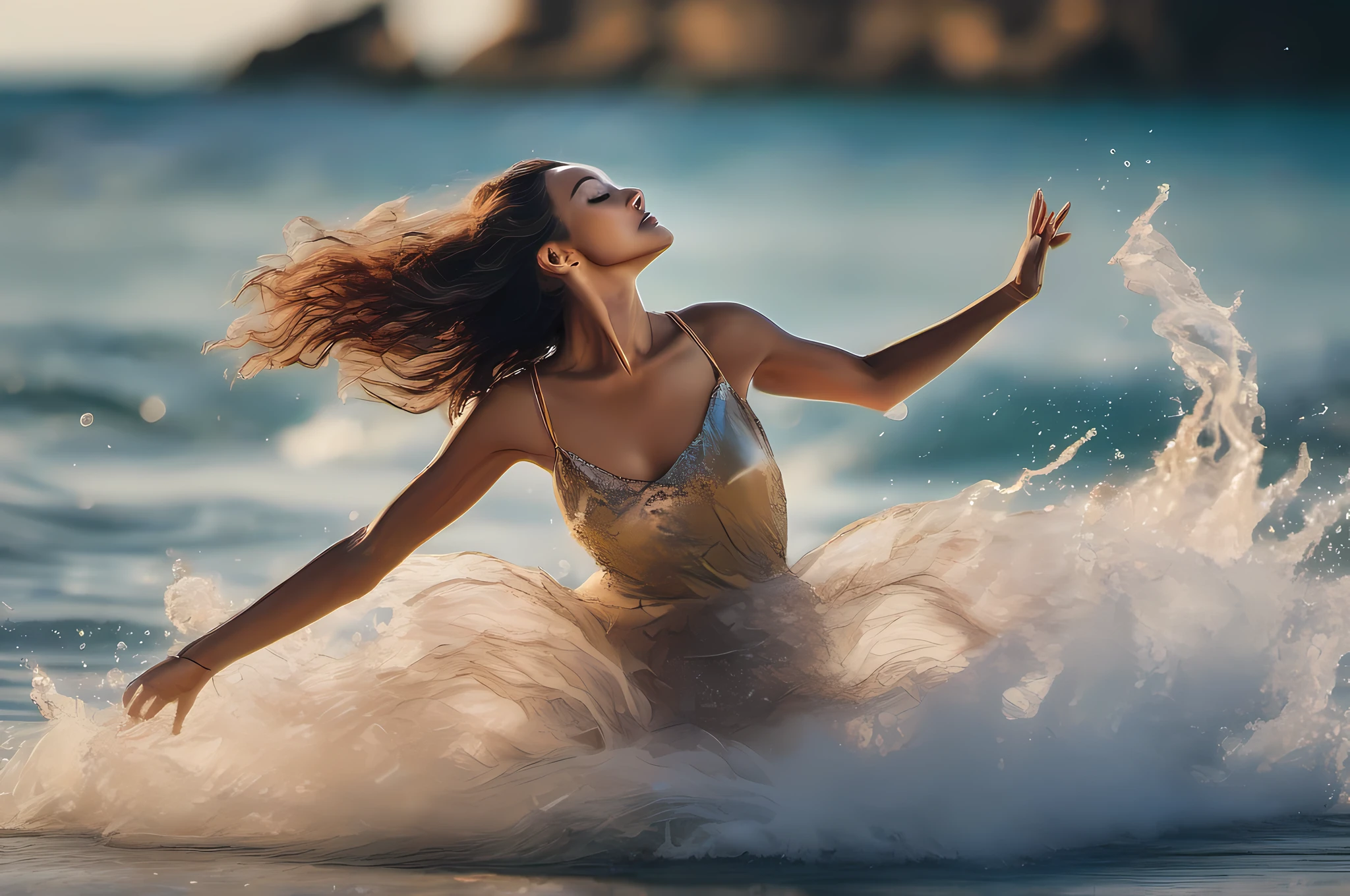 «An ultra-detailed photograph of a woman dancing freely in the sea, arms reaching overhead, body in motion. Shot on location using natural light with a Fujifilm GFX100S camera and 120mm macro lens for incredible focus and artistic blur. Crystal clear water swirling around the dancer. Hyper-realistic image with vivid colors. 3:2 aspect ratio, 750px size output.»