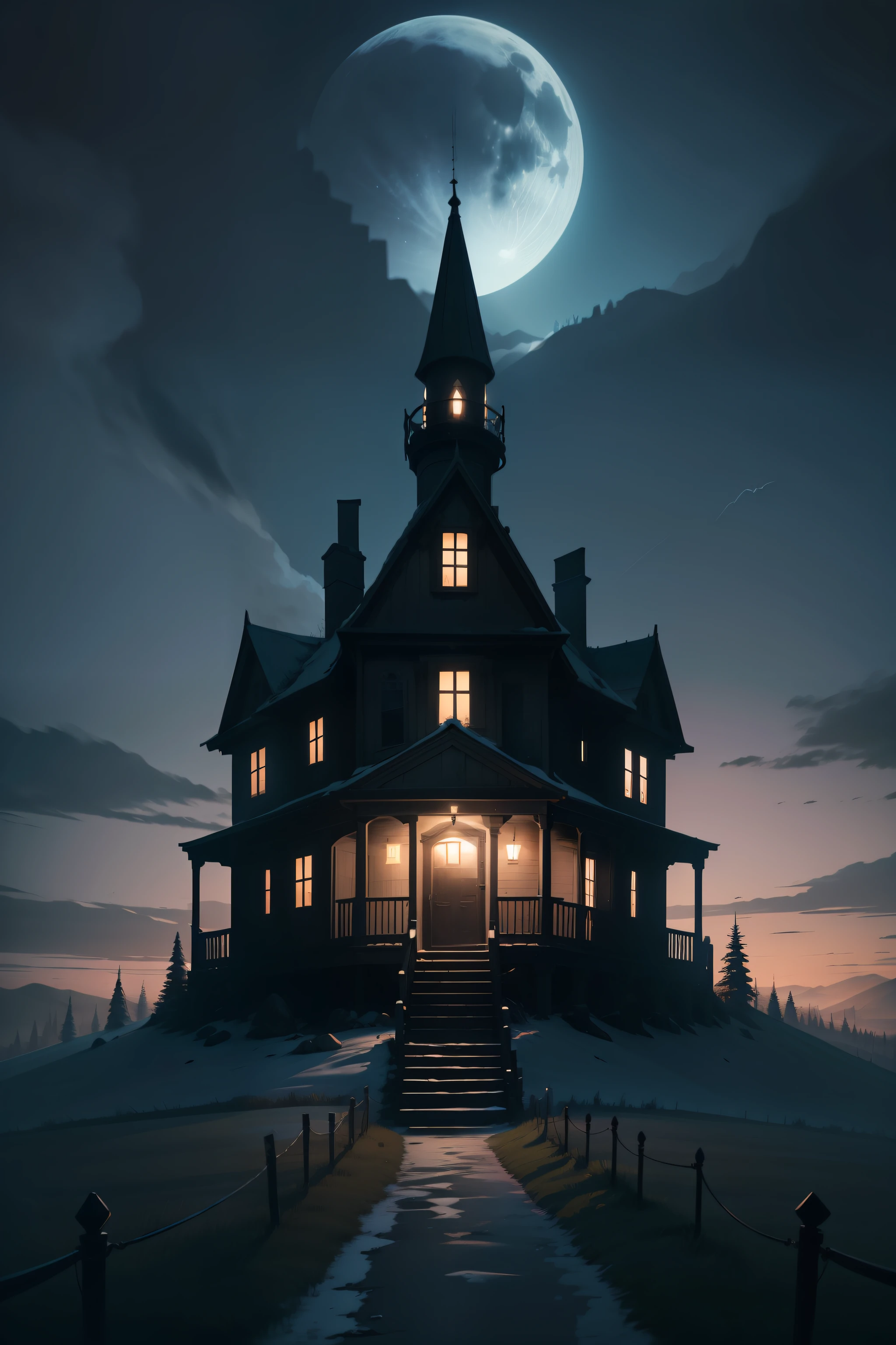 Create haunted house on a hill with the northern sky and night of darkness