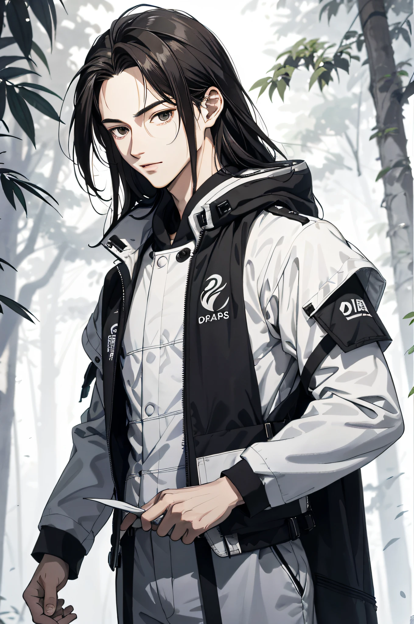 Absurd, High definition, Super detailed, Texture details, clear presentation, HD details, detail performance, Fine details, Clear face, Fix accurately, ((cabelos preto e longos))、long whitr hair、18-year-old man, Handsome, Tall,Soft smile、Slightly muscular,(Clear eyeballs), (1 person: 1.3), handpainted, Simple lines, (An 18-year-old man wearing a white Chinese suit), foggy forest、The upper part of the body,(Exocet suit 1.2)