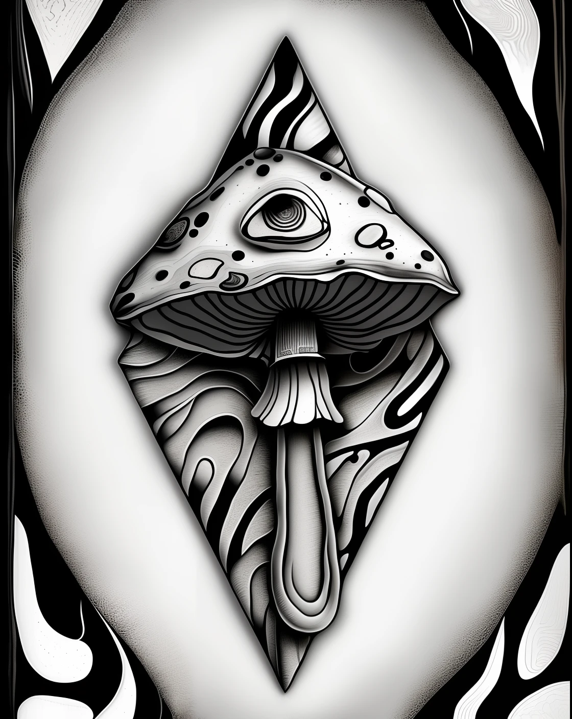 a black and white drawing of a mushroom with a zebra print, lsd tattoo design, trippy mushroom, magic mushroom, trippy art, concept tattoo design, psychedelic illustration, inked drawing, ink artwork, tattoo design sketch, medium sized tattoo sketch, tattoo design, with symmetrical head and eyes, an ink drawing, highly detailed illustration, tattoo sketch, mushroom, dark mushroom