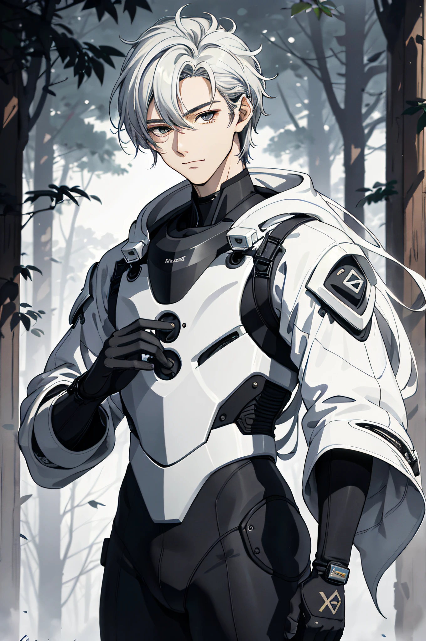 Absurd, High definition, Super detailed, Texture details, clear presentation, HD details, detail performance, Fine details, Clear face, Fix accurately, （（cabelos preto e longos））、long whitr hair、18-year-old man, Handsome, Tall,Soft smile、Slightly muscular,（Clear eyeballs）, (1 person: 1.3), handpainted, Simple lines, （An 18-year-old man wearing a white Chinese suit）, foggy forest、The upper part of the body，（Exocet suit 1.2）