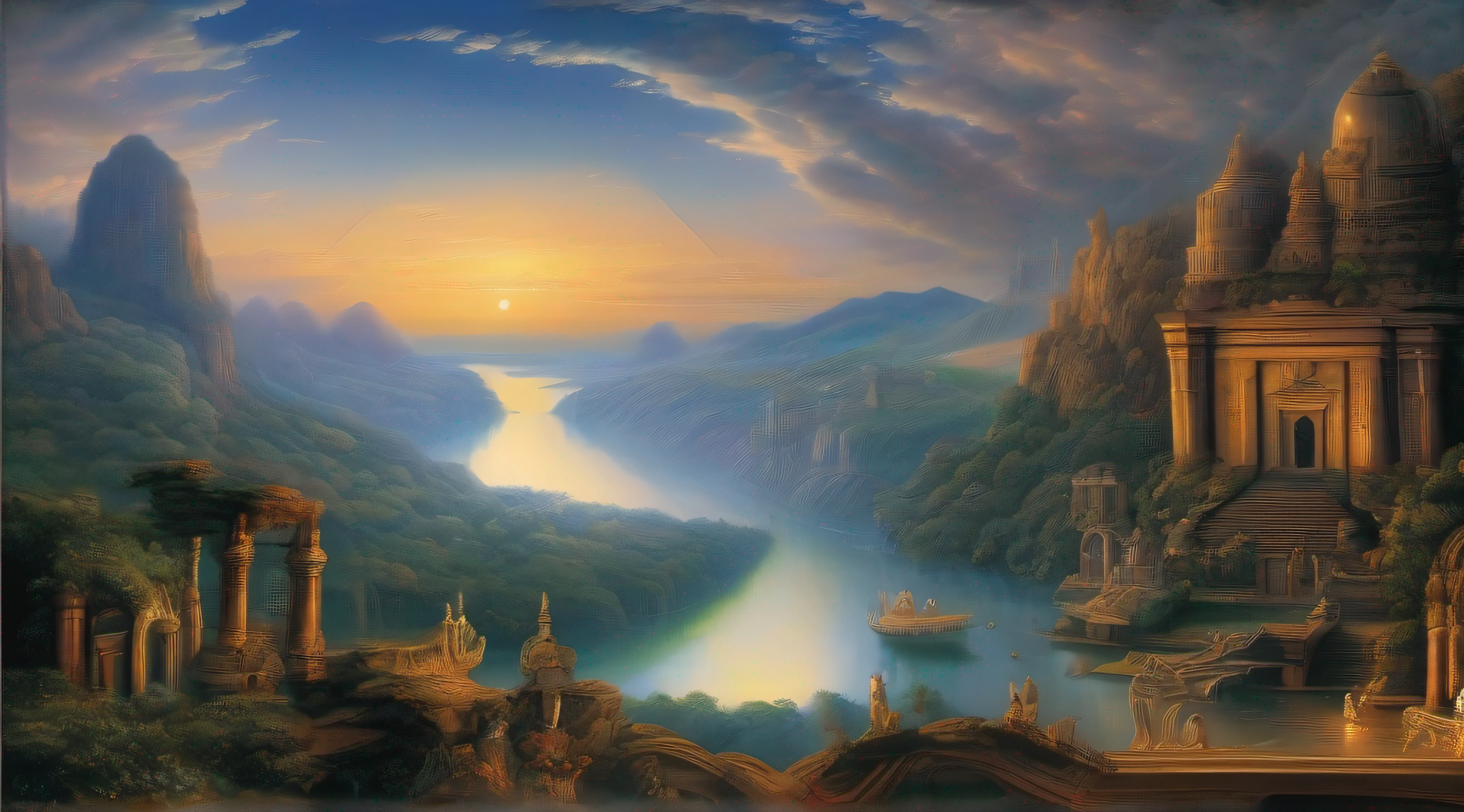 melhor qualidade, altamente detalhado, obra-prima, ultra-detalhado, illustration, ultra alta res, "Celestial river of serene waters, cintilantes sob a luz divina, sacred setting where the city of God thrives. Paisagens encantadas, ethereal harmony, brilho matutino. Majestic and unchanging, with divine protection."